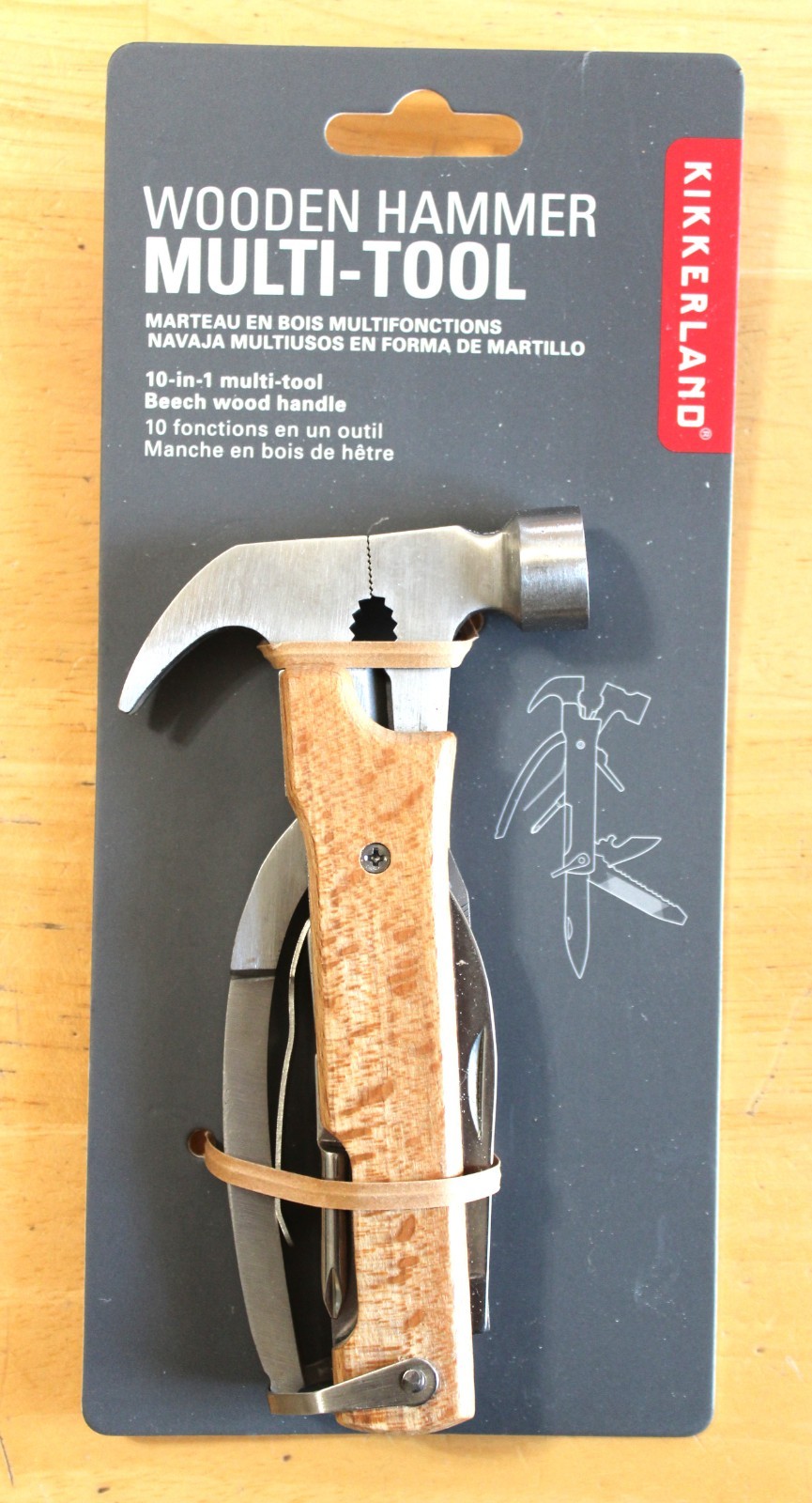 Kikkerland Wooden Hammer Multi-Tool Knives, Pliers, Screwdriver, Saw, Camping