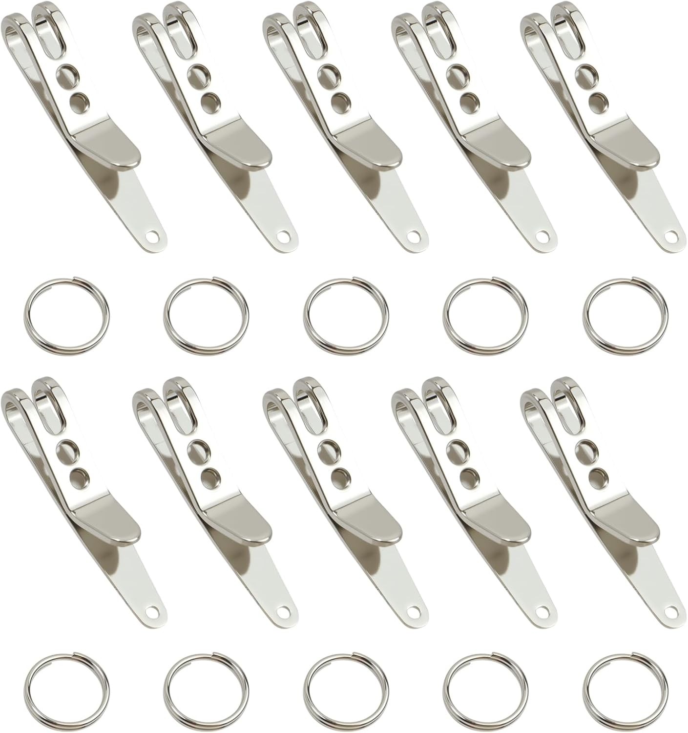 10-Pack Stainless Steel Deep Carry Pocket Clips with Key Rings for EDC & Gear