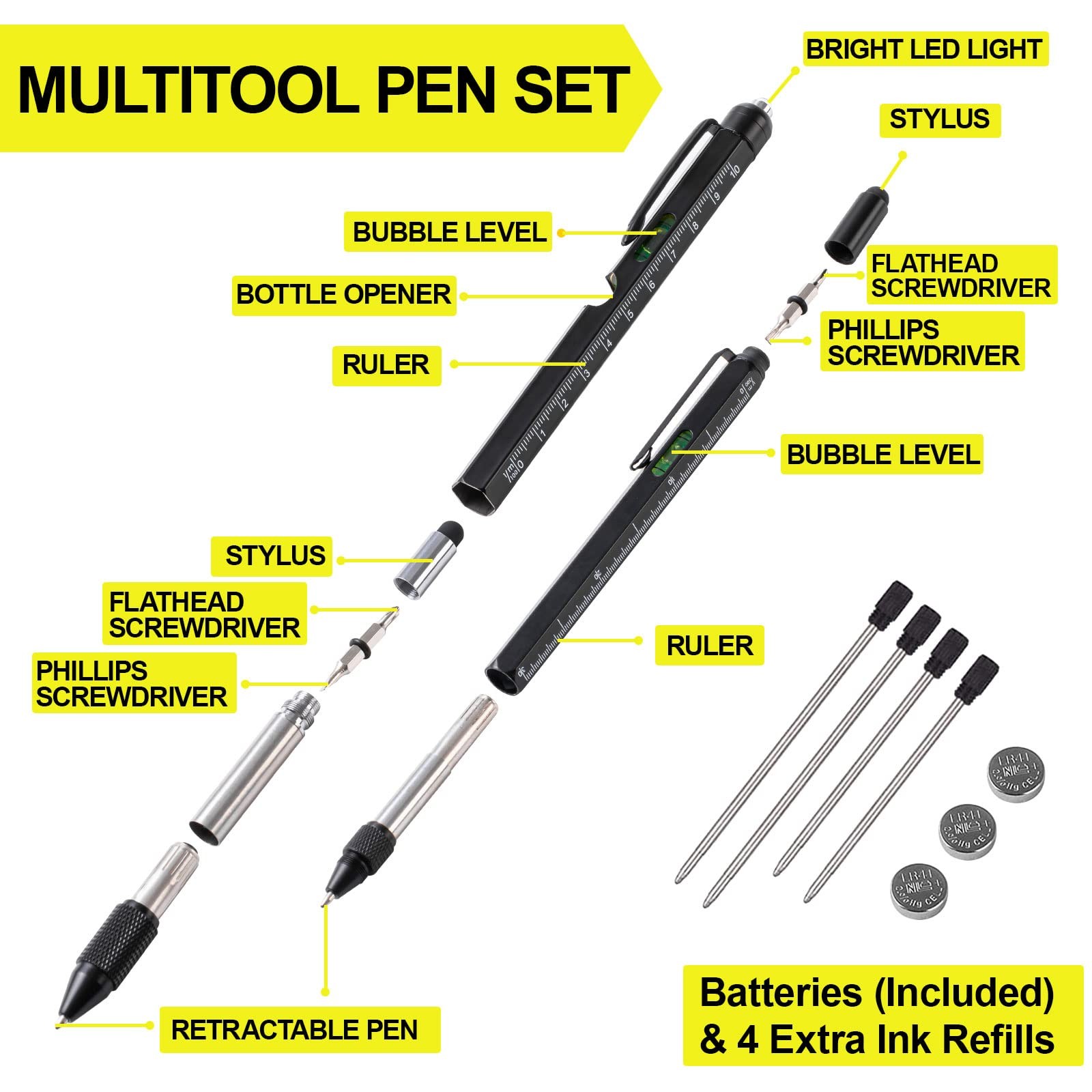 11 in 1 Multitool Pen Set with LED, Stylus, Level, Screwdriver, Flathead, Sto…