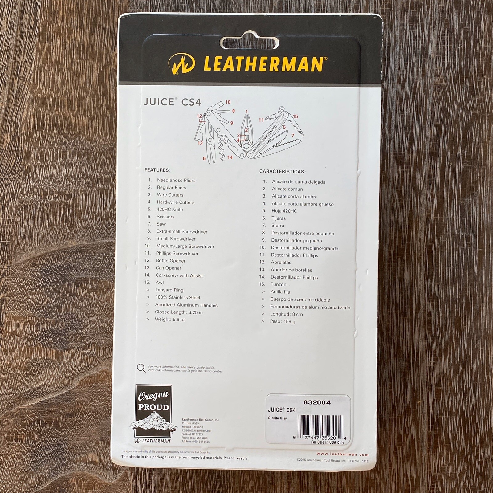 New, Sealed In Blister, Leatherman Juice CS4 Granite Gray multitool.
