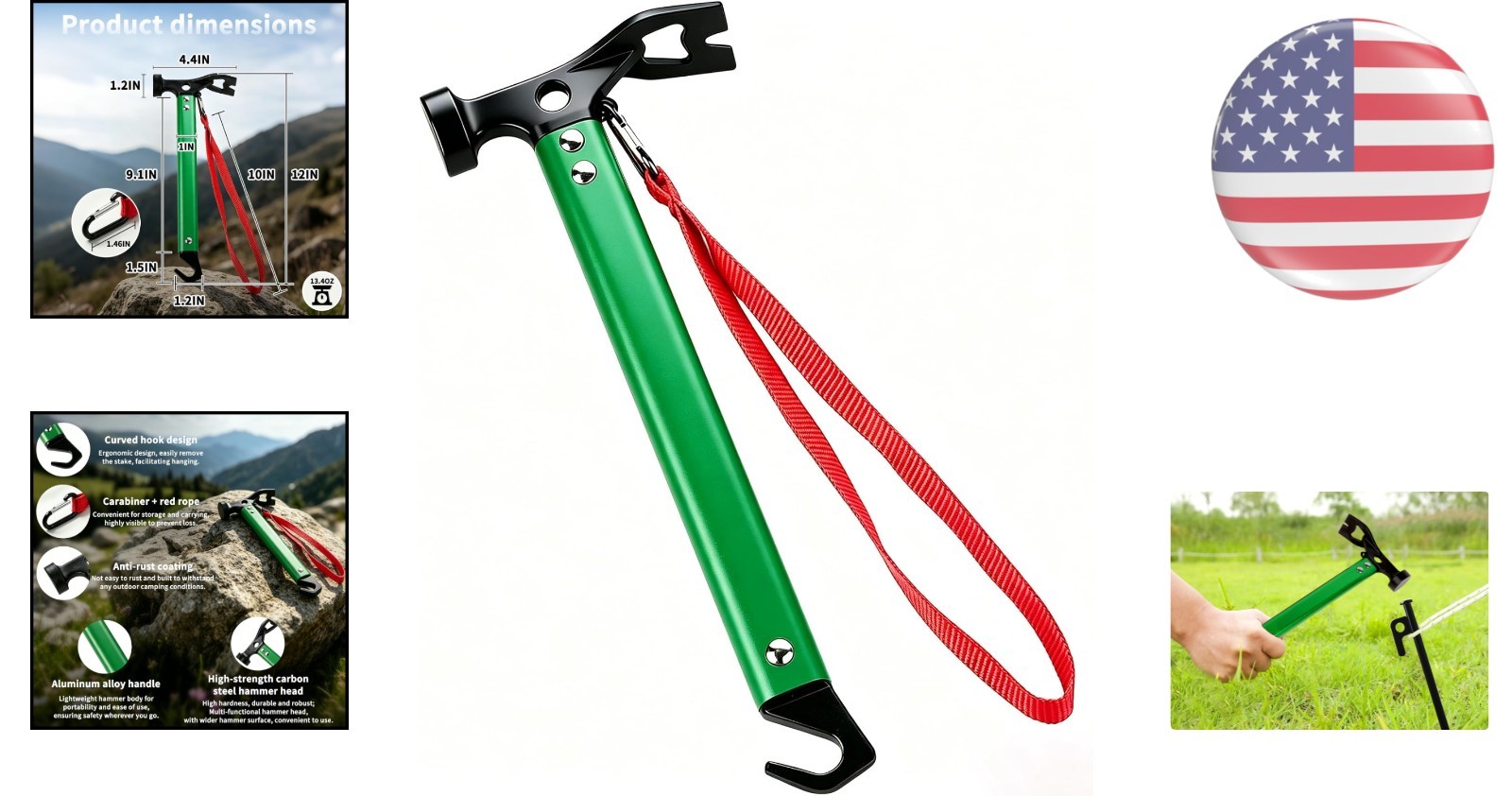 Bright Green Aluminum Camping Hammer – Lightweight & Functional for Outdoors