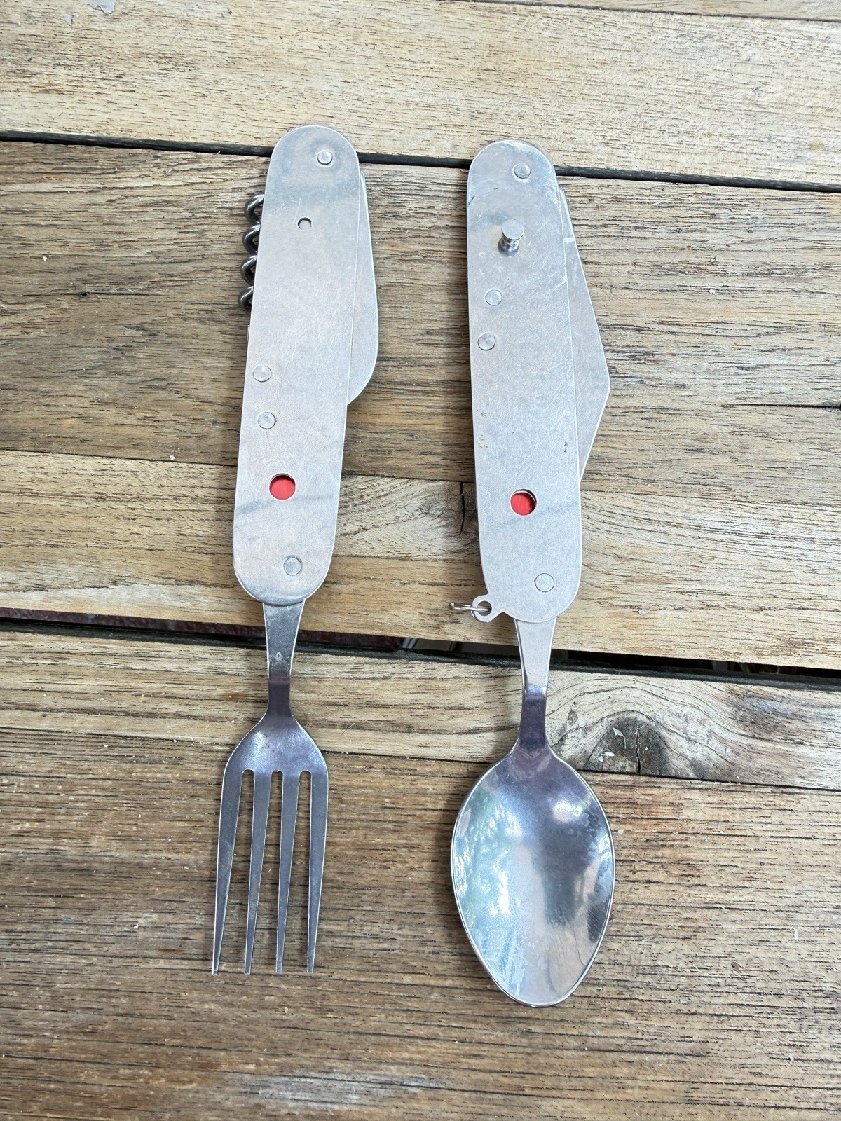 Lot of 2 Camping Utensil Multi-Tools Folding Spoon Fork Knife Corkscrew Hiking