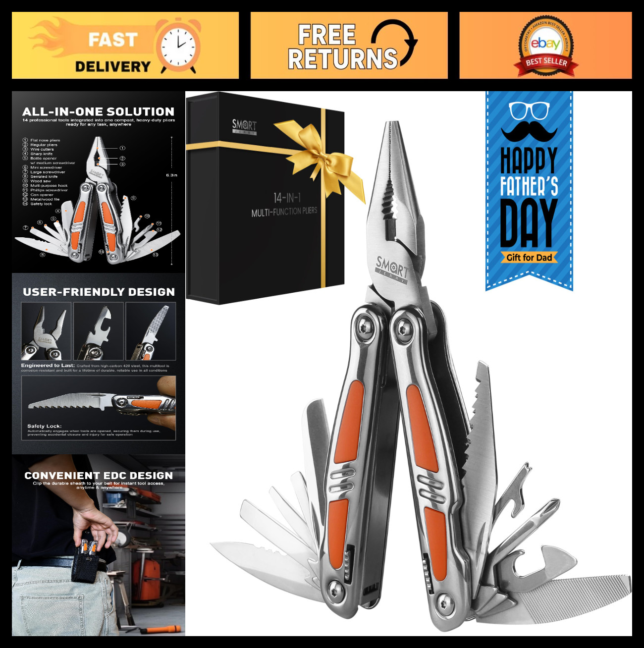 14-in-1 Multitool Pliers with Sheath, EDC Pocket Knife, Gift for Dad, Self-Locki
