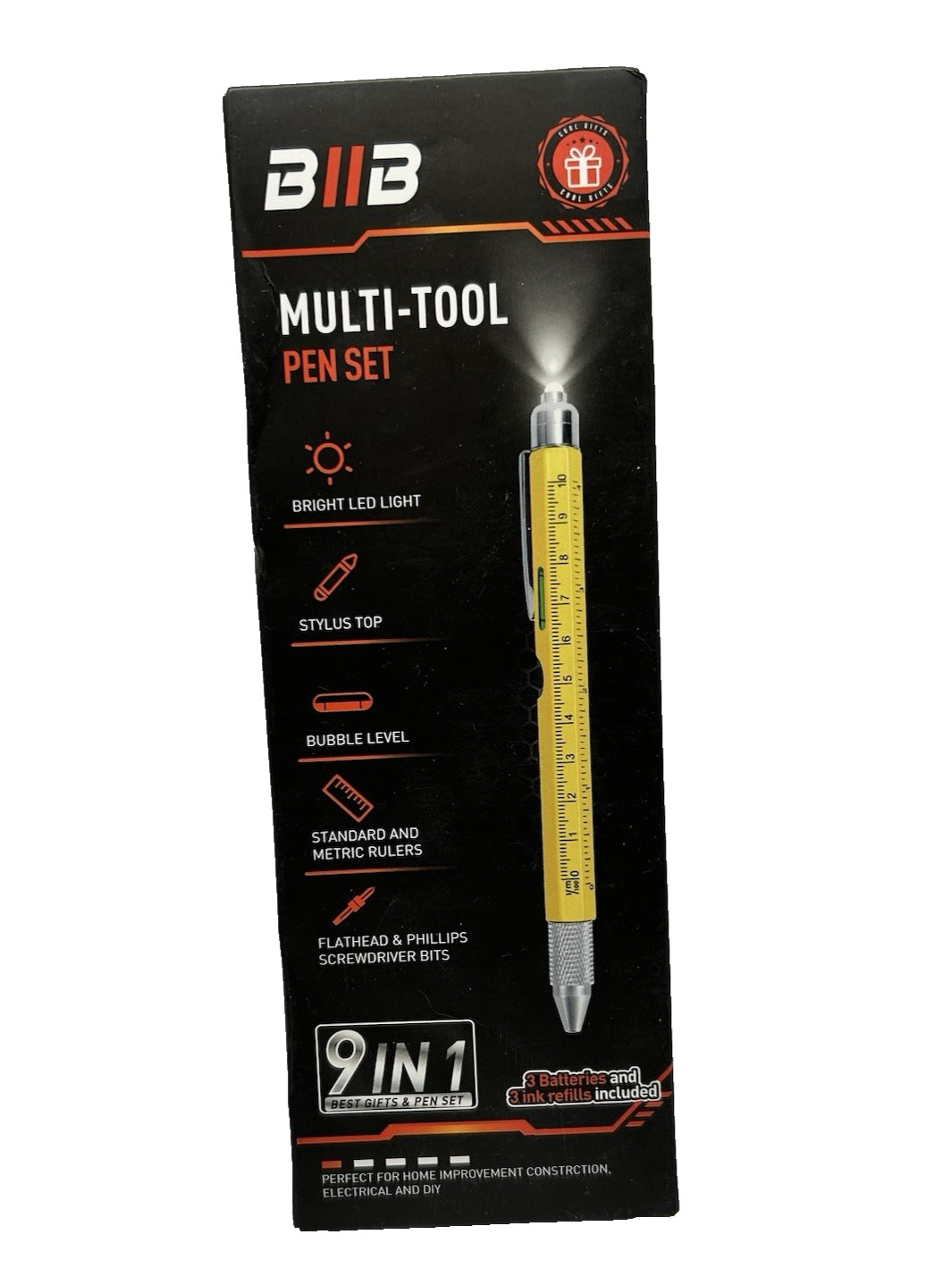 BIIB Multi Tool 9 In 1 W/Batteries Pen Stylus Screwdriver Light Level Ruler New