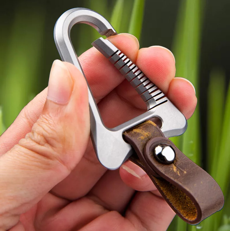 Titanium Alloy + Leather Keychain Carabiner Removable Key Bag Pendant EDC Tool