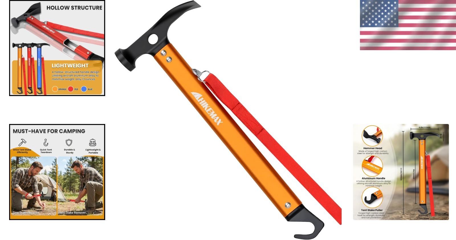 Elegant Orange Lightweight Camping Hammer with High Carbon Steel Head – 13 oz