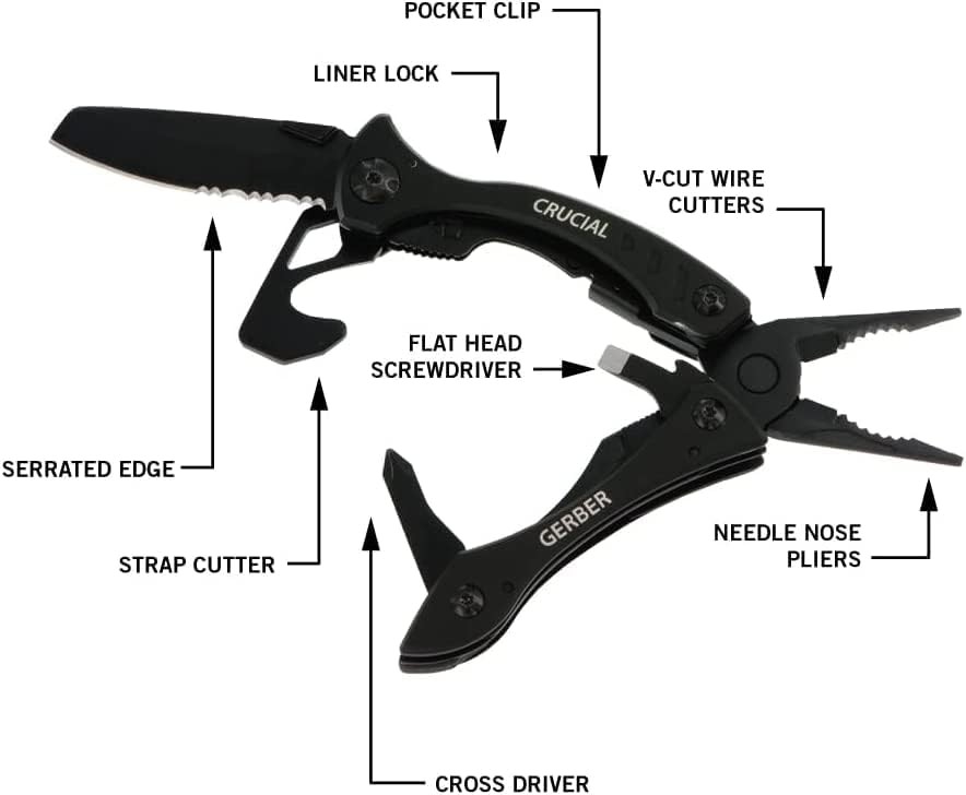 Gerber Gear Crucial EDC Multitool Pocket Knife with Clip and Strap Cutter,Black