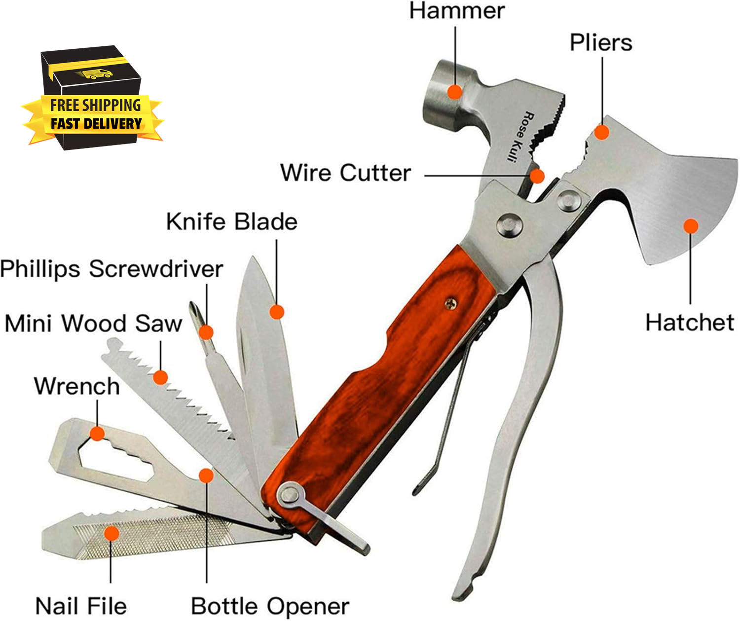 18-In-1 Multitool Camping Axe Hammer, Multi Tool with Plier, Knife, Bottle Opene
