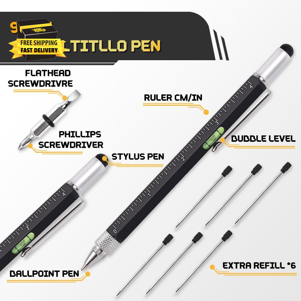 Stocking Stuffers for Men, 9 in 1 Metal Multitool Pen 2Pcs and Refill 6Pcs, Uniq