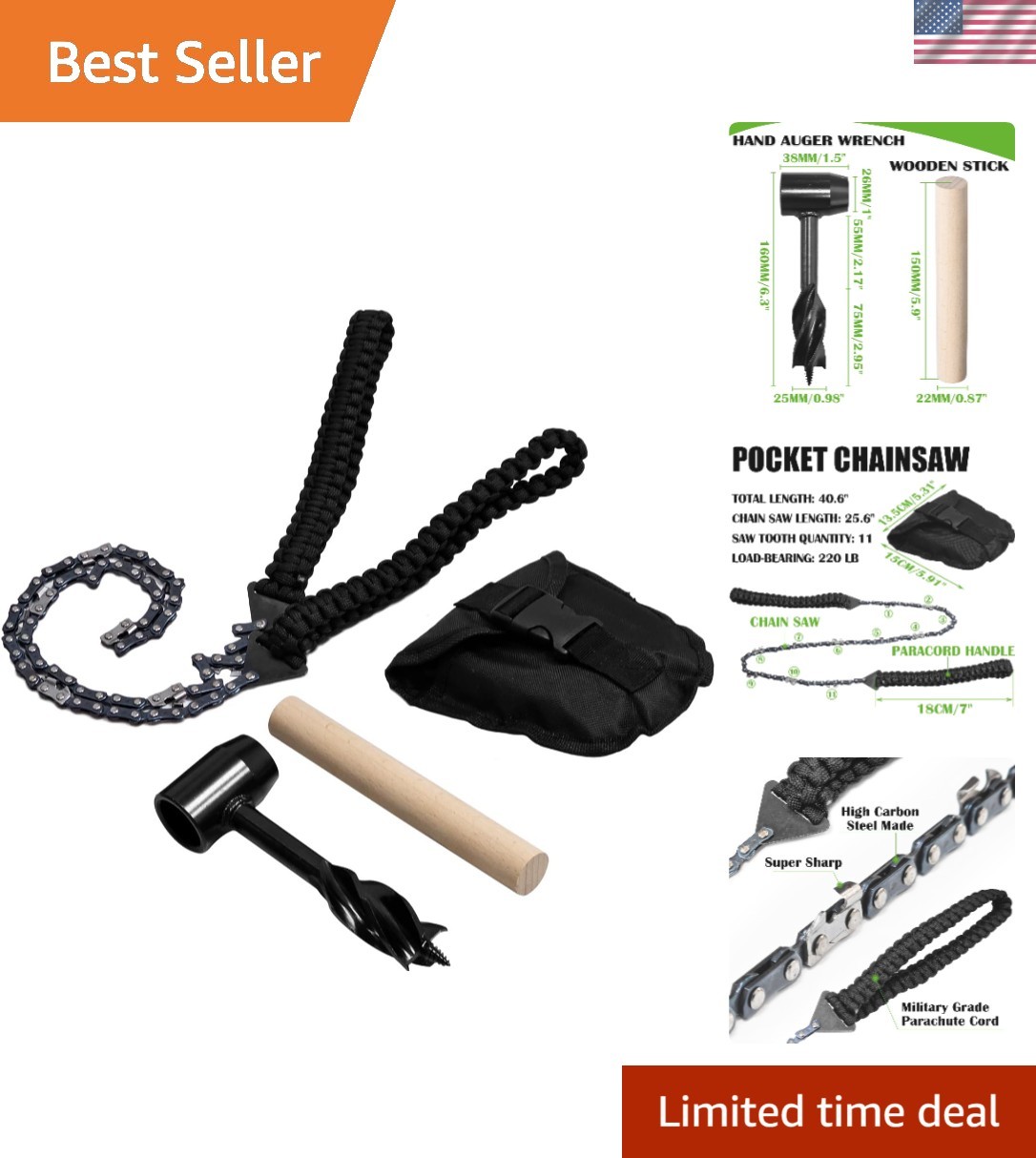 Versatile Pocket Chainsaw & Hand Auger – Perfect for Hiking & Bushcrafting