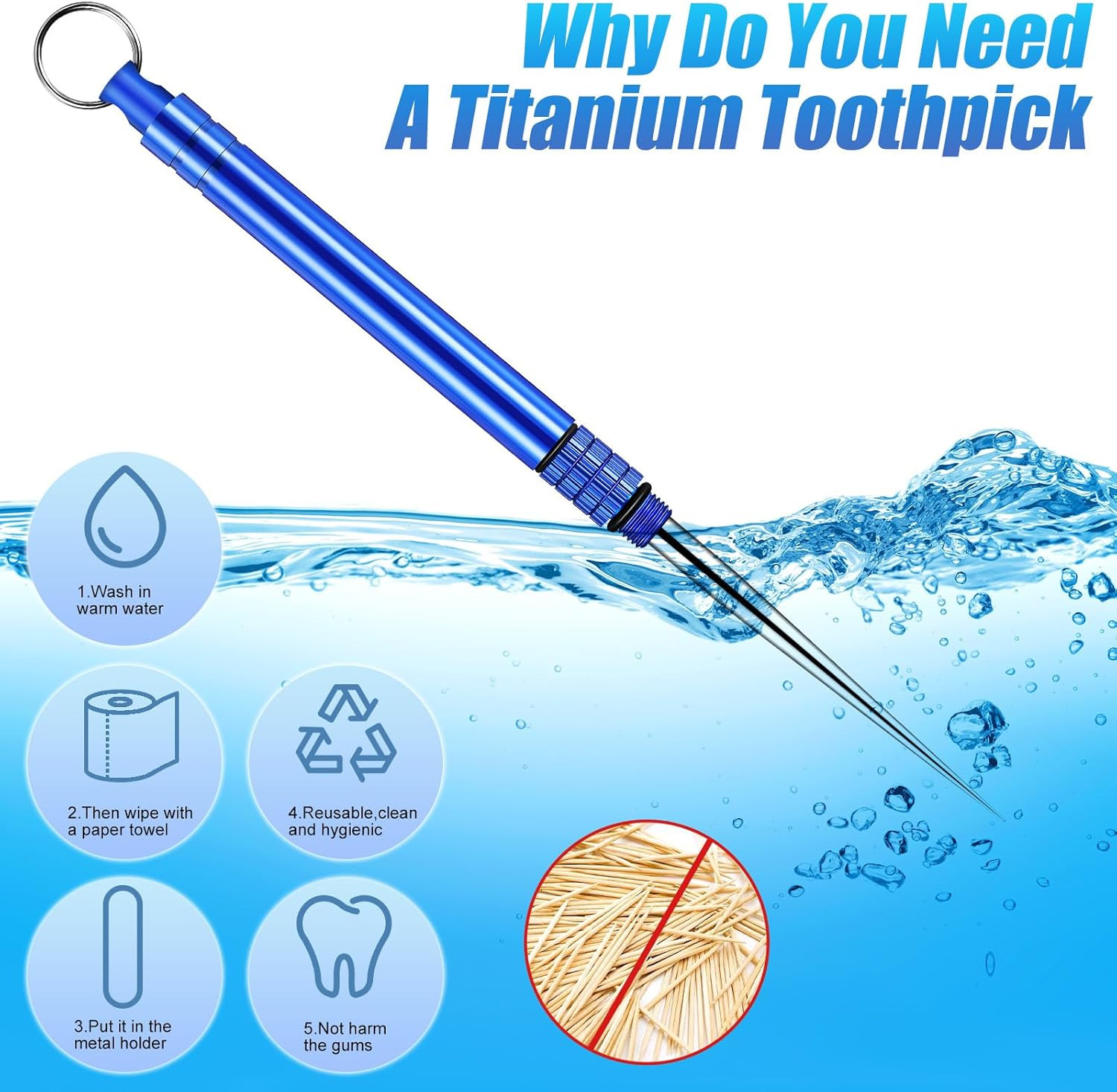 Metal Titanium Toothpicks, 8Pcs Blue Reusable Keychain Telescopic Toothpick