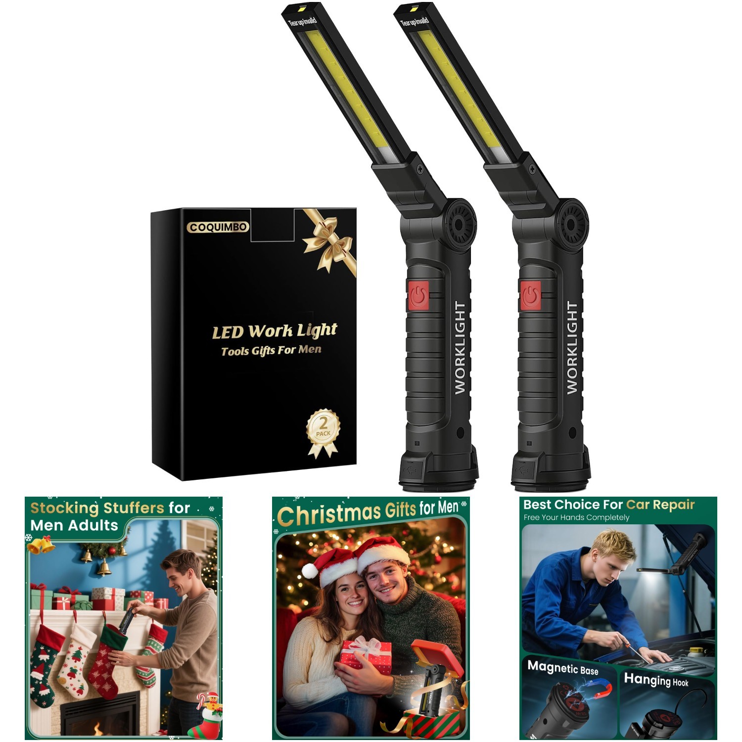Rechargeable LED Work Light BBQ Grill Magnetic Flashlight Tools 2 Pack Black