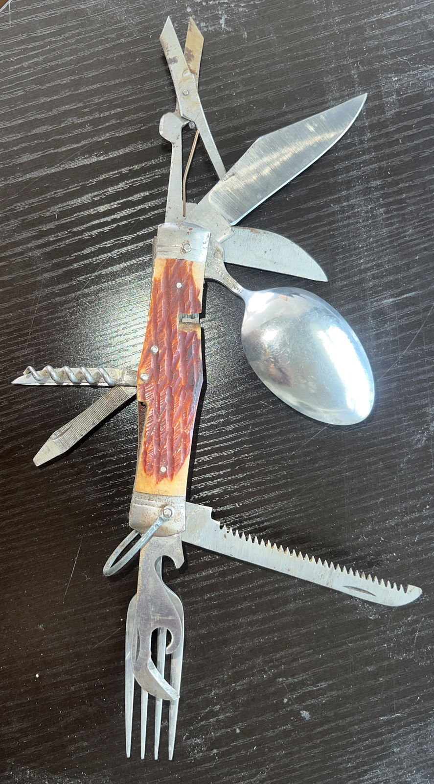 Vintage 11-in-1 Stainless Steel Multi-tool with leather sheath Carved Handle