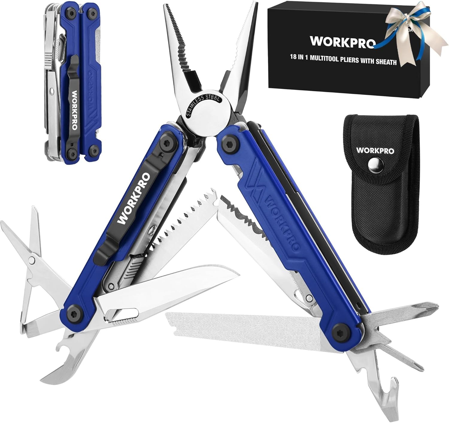 18-in-1 Multitool Pliers, Stainless Steel EDC Tool with Knife & Pouch for Dad