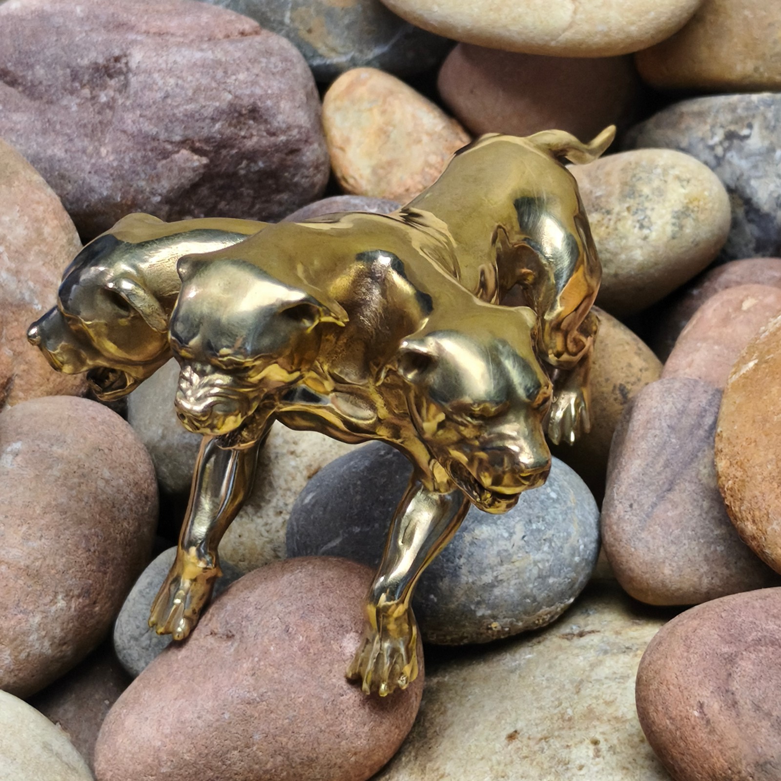 Purple copper sculpture Cerberus hellhound three head animal canine monster dog