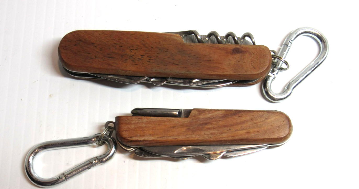 Set of 2 Wood Trim Multi Function Pocket Knife Camping Hiking Tool+Beltloop clip