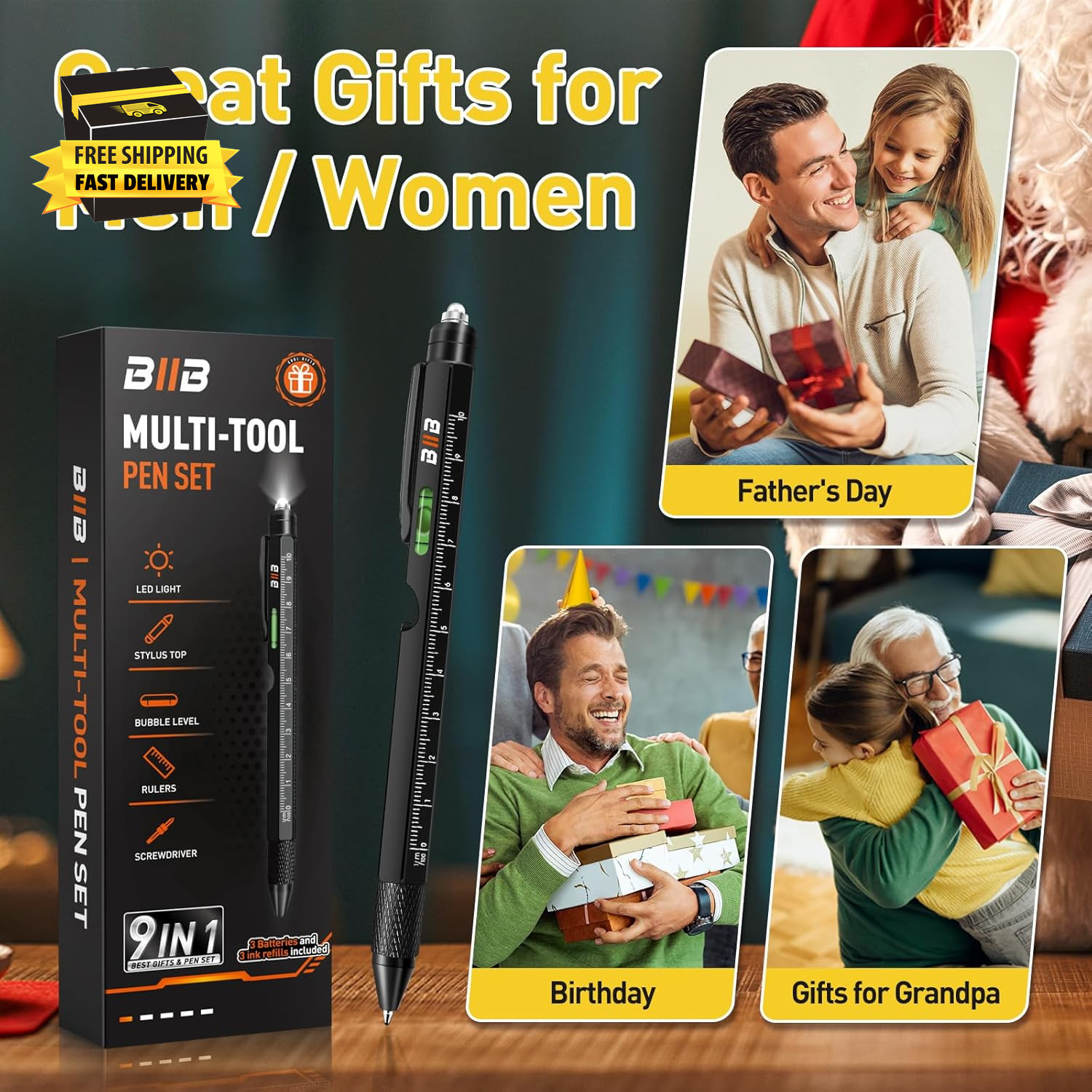 Fathers Day Gift for Men 9 in 1 Multitool Pen, Mens Gifts for Him Dad Husband, D