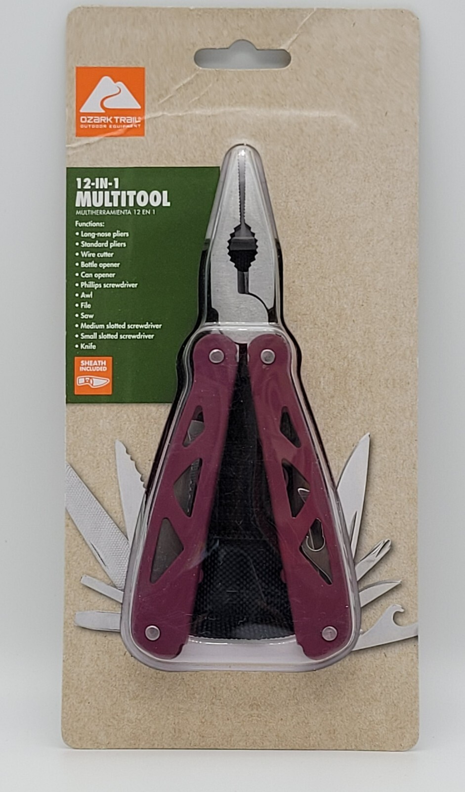 Ozark Trail 12-In-1 Multi-Tool w/Sheath Hiking Outdoors Pocket Knife – Burgundy