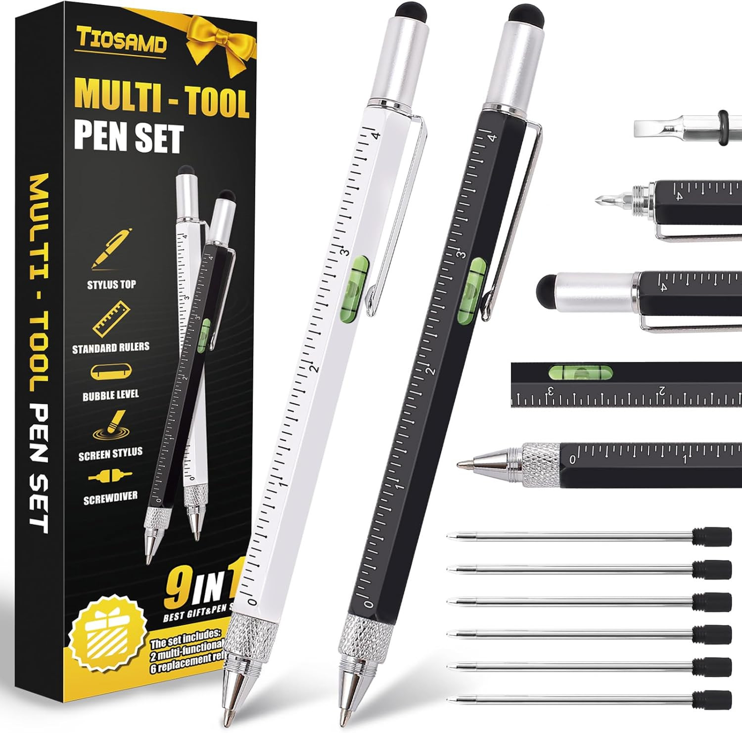 Stocking Stuffers for Men, 9 in 1 Metal Multitool Pen 2Pcs and Refill 6Pcs, Uniq