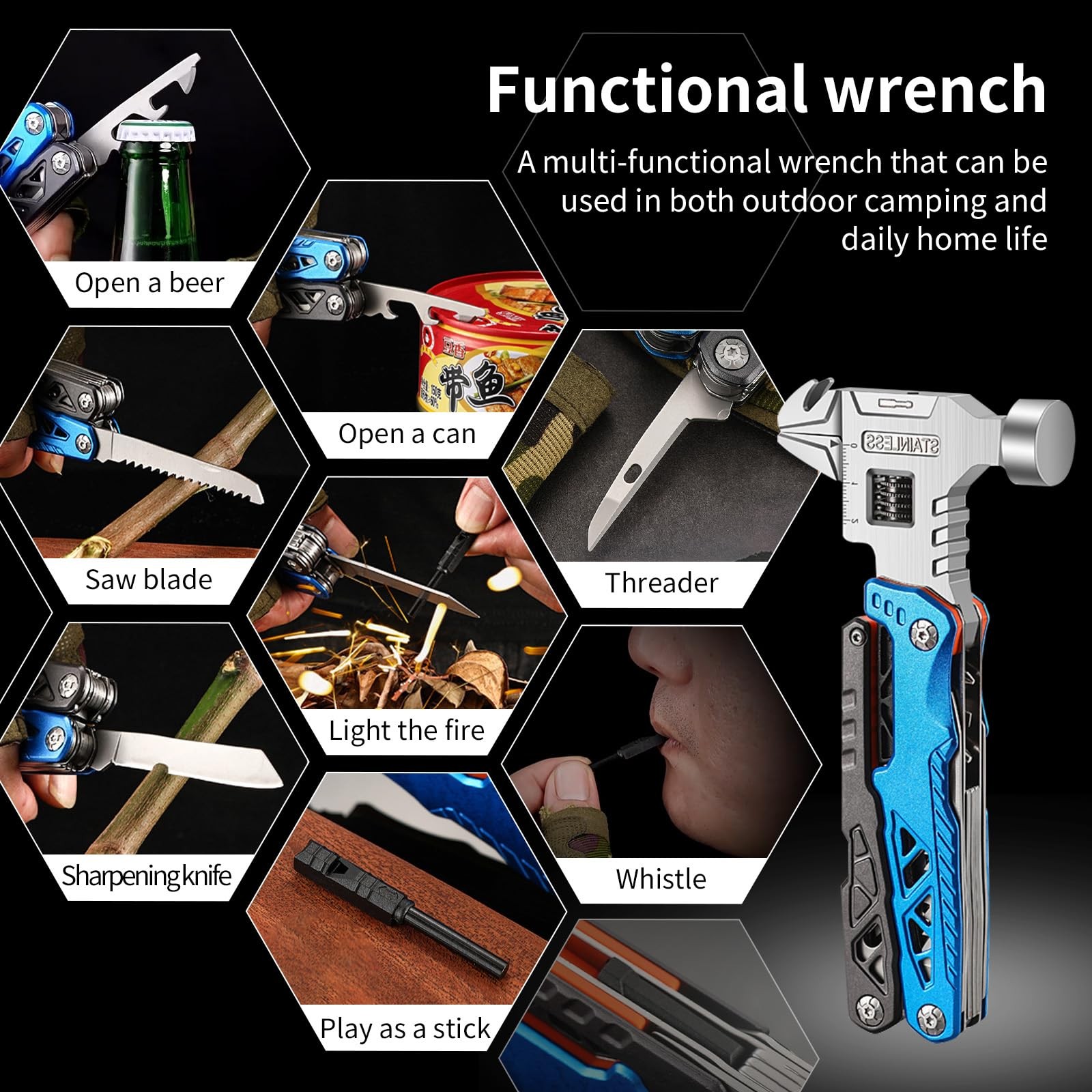 18-in-1 Multitool Hammer with Adjustable Wrench, Stainless Steel Multi Tool P…