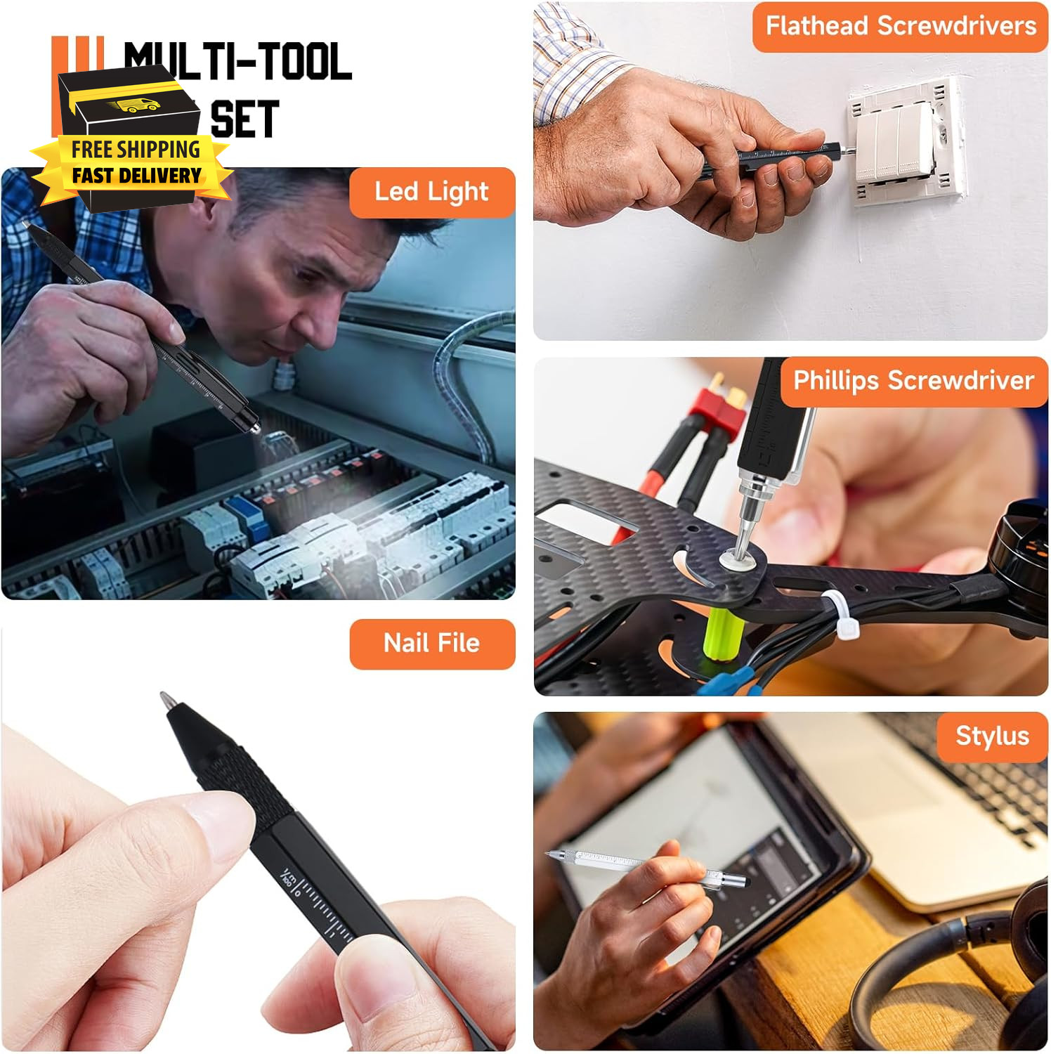 Christmas- Multitool Pen with LED Light, Flathead, Phillips Screwdrivers, Level,
