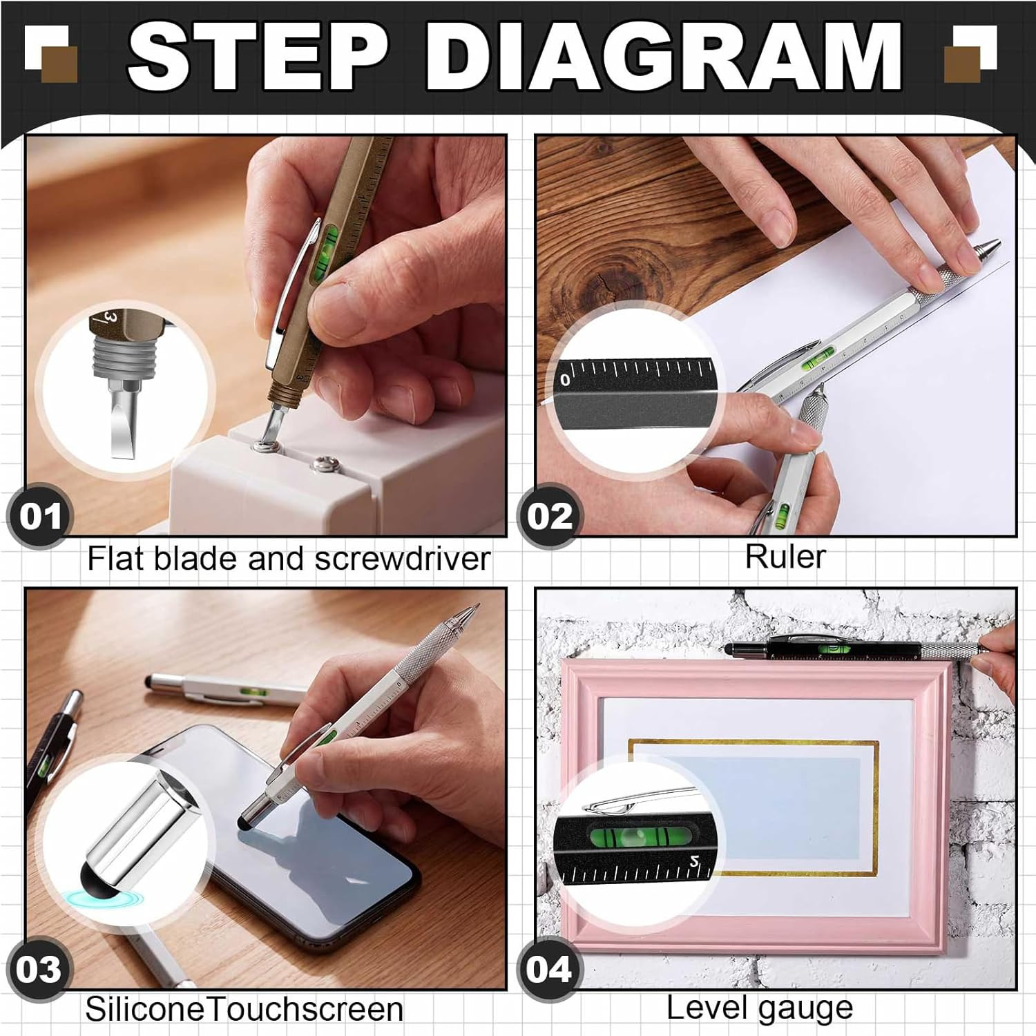 4 Pcs 6 in 1 Multitool Pen Gift for Men Multi Tool Pen with Ruler Level Screwdri