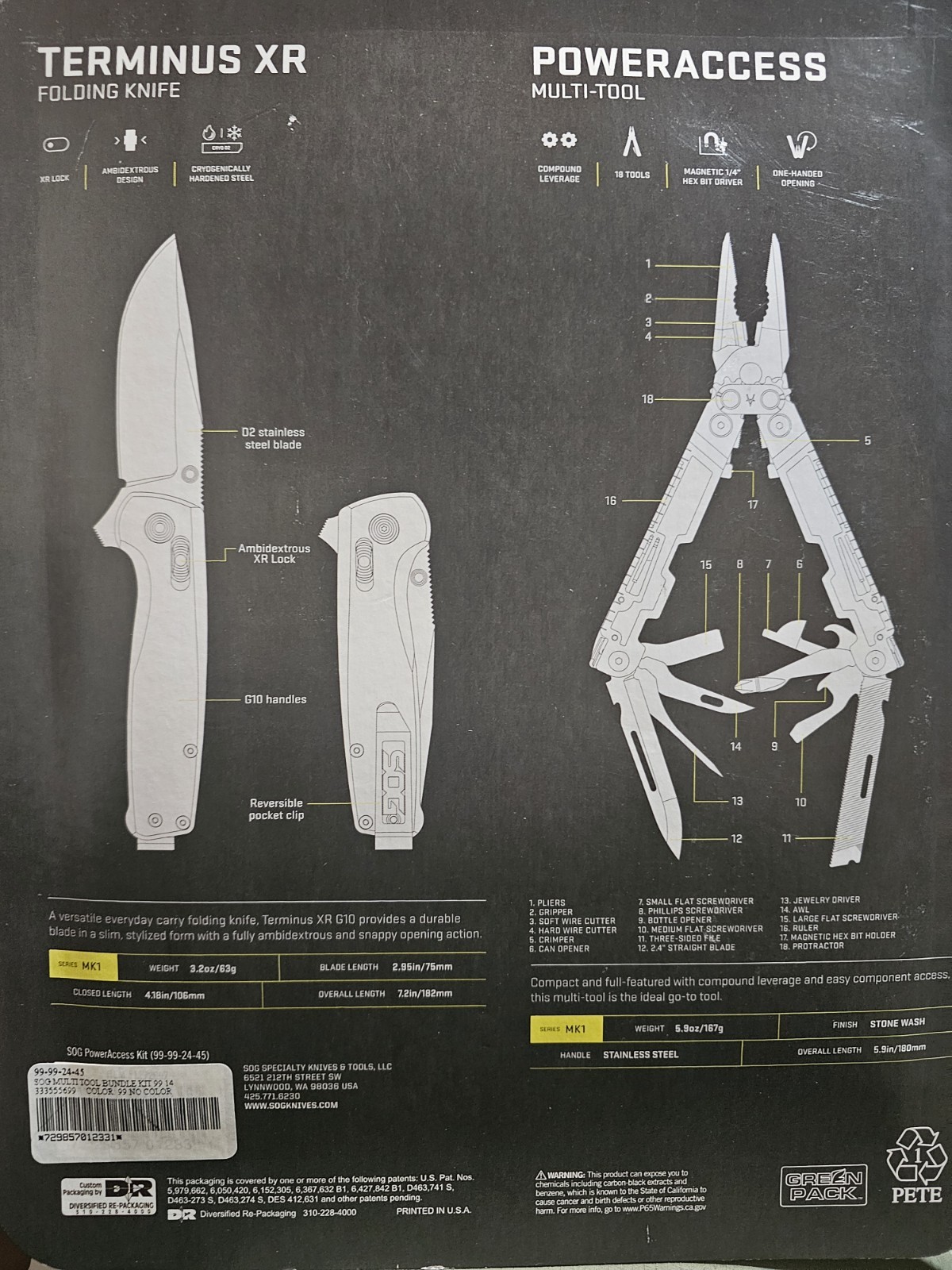 NEW SOG 99-99-24-45 PowerAccess Multi-Tool KNIFE COMBO SET WITH TERMINUS XR