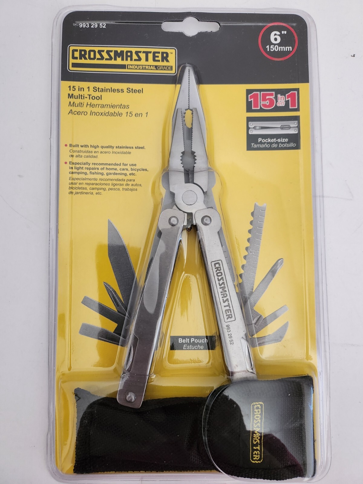 New 6” Crossmaster 15-in-1 Stainless Steel Multi-Tool with Black Belt Pouch