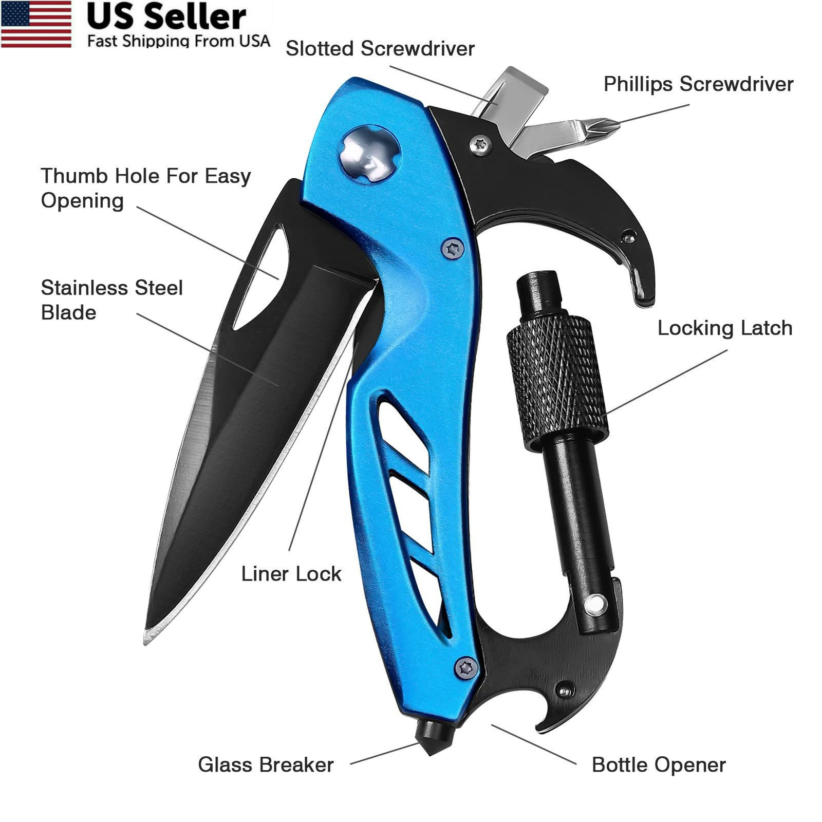 FUNBRO EDC Multitool Carabiner with Knife, Bottle Opener, Window Breaker Blue