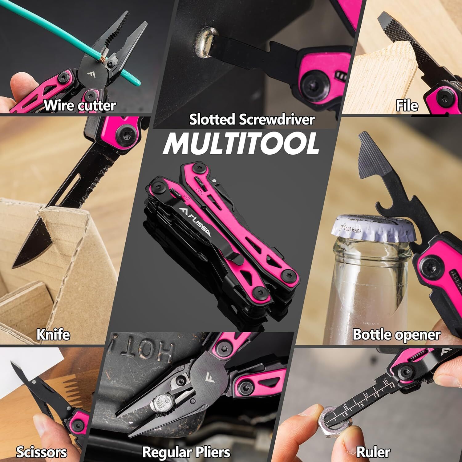 FLISSA 16-in-1 Pink Multi Tool Pliers Stainless Steel EDC Multitool Pocket Knife