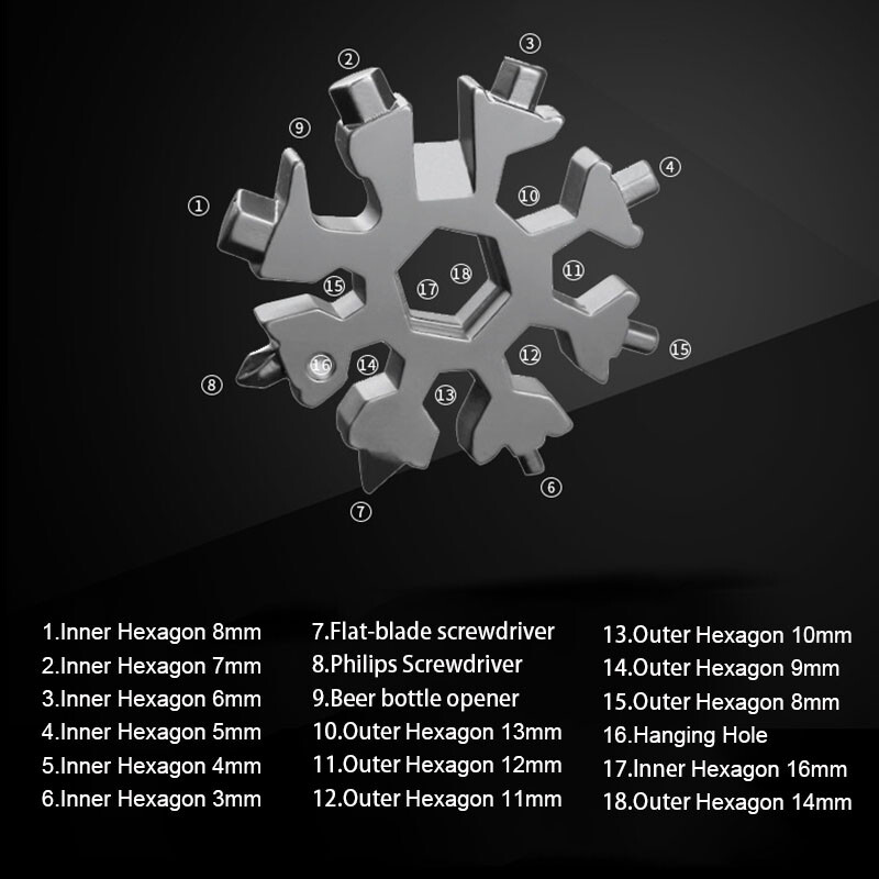 18-In-1 Stainless Steel Multi-tool Snowflake EDC Wrench Screw & Hex Driver
