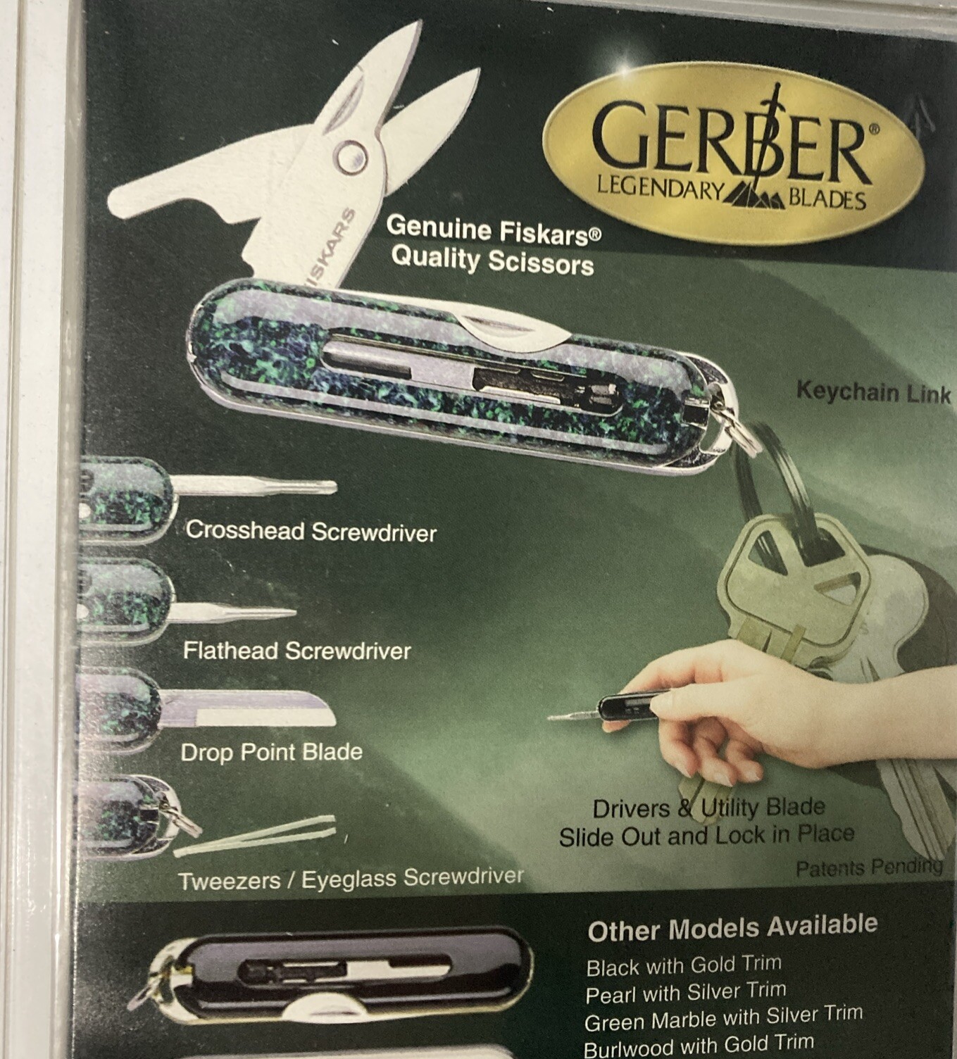 VTG. GERBER KEYSTYLE KEYCHAIN TOOL GREEN MARBLE DESIGN#48100 PACKAGE (OLD STOCK)