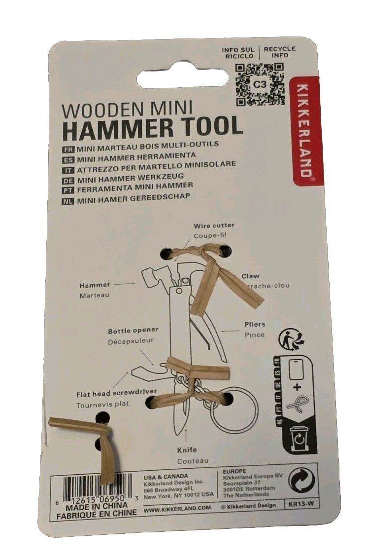 Kikkerland Wood Mini Hammer Tool 7-in-1 Multi-Tool Keychain Beechwood Handle