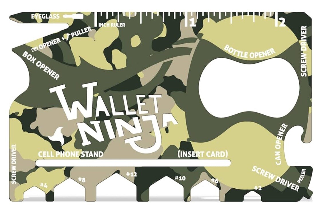 WALLET NINJA 18-in-1 Credit Card Sized Multitool, TSA Airplane Approved, Camo