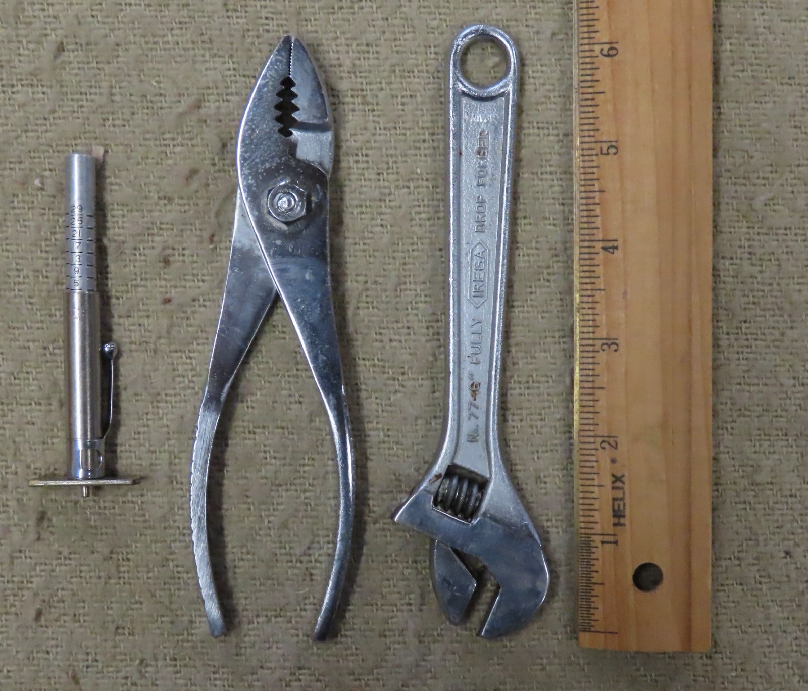 Lot of Nine Contemporary Tools,Small Level,Tire Gauge, Scissors, Allen Set, More