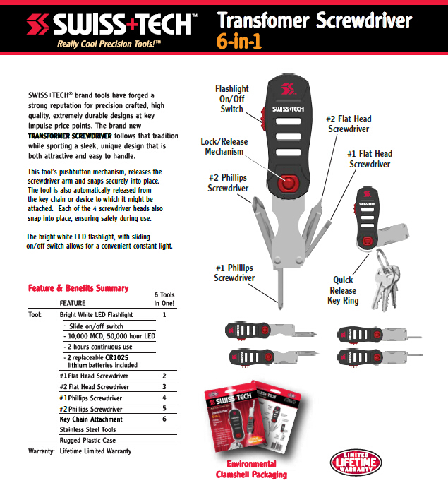 SWISS+TECH Transformer 6-in-1 Folding Screwdriver Set Tool LED Flashlight 11300