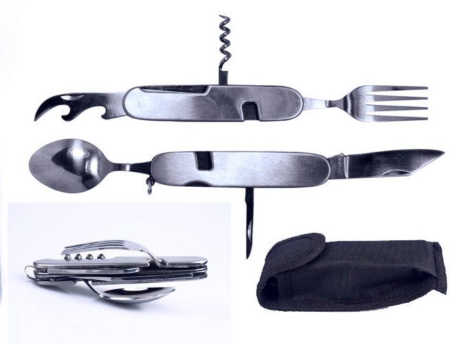 Hobo Camping Pocket Knife Fork & Spoon Can & Bottle Opener Cork Screw Utensil