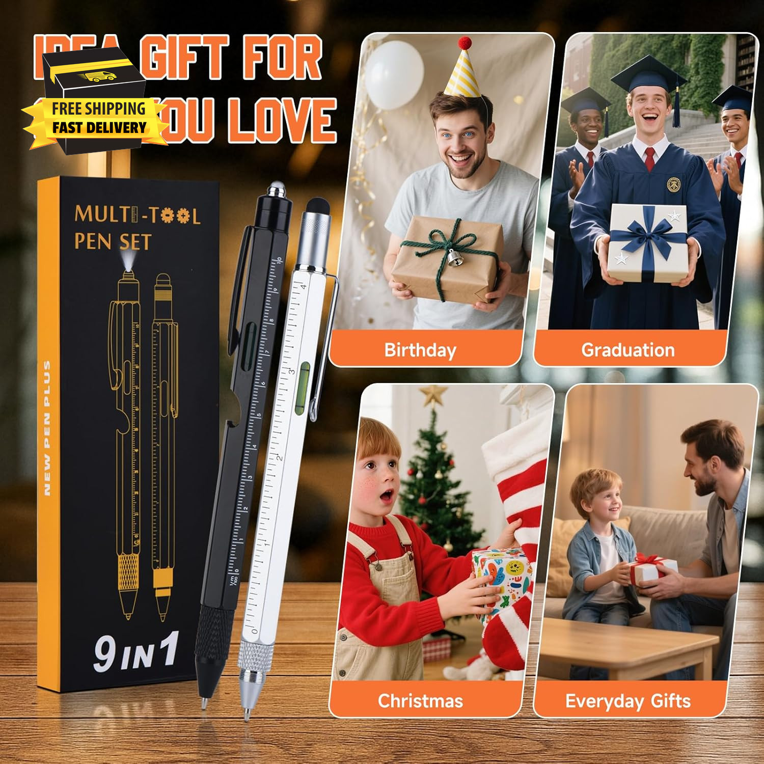 Christmas- Multitool Pen with LED Light, Flathead, Phillips Screwdrivers, Level,