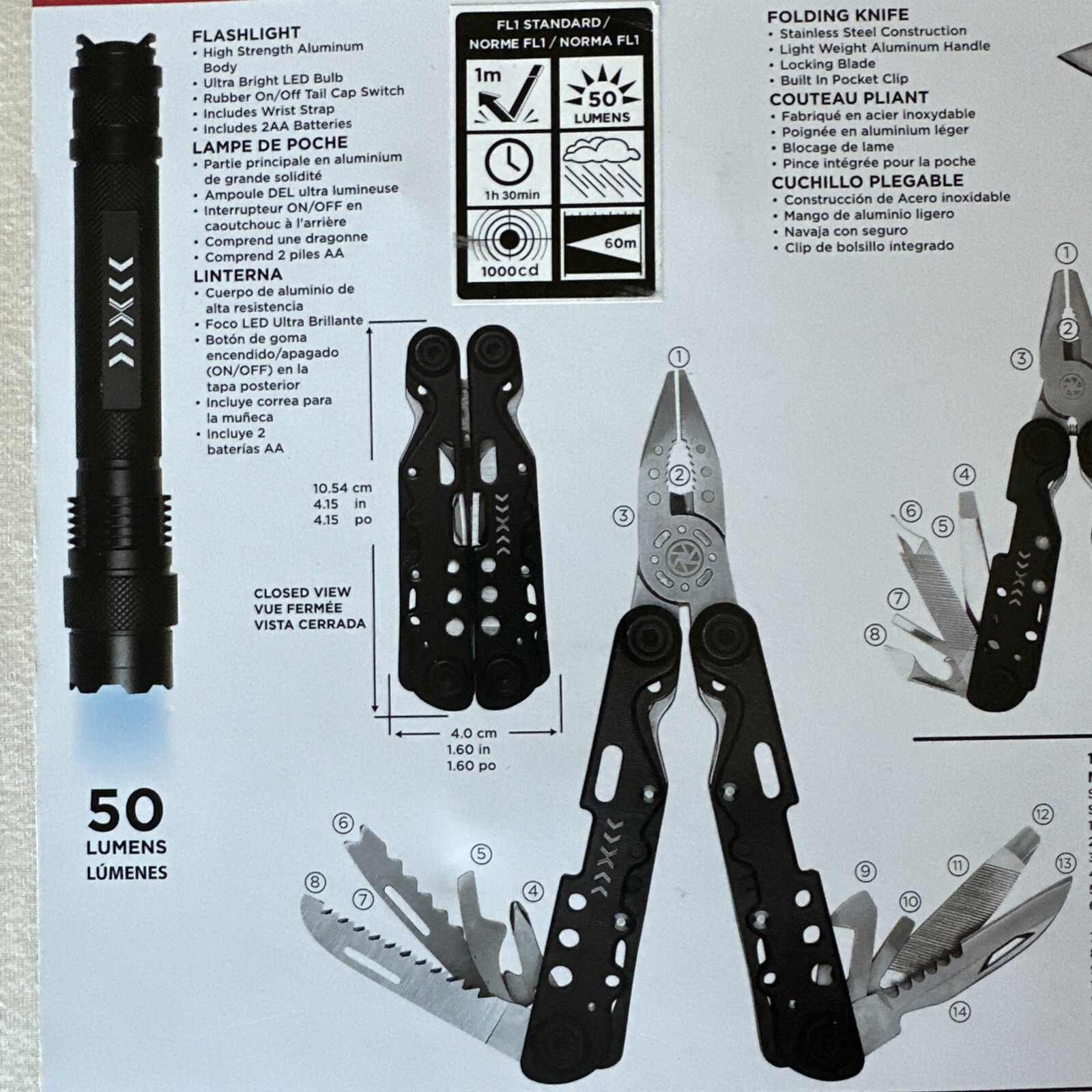 FOUR PIECE 14IN1 & 13IN1 MULTI-FUNCTION SNAP TOOL SET FOLDING KNIFE FLASHLIGHT