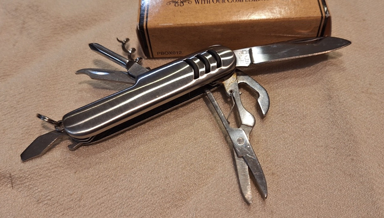 Myron Multi Tool Utility Pocket Knife 8 Tool Silver W/Advertising ANNIE OAKLEY