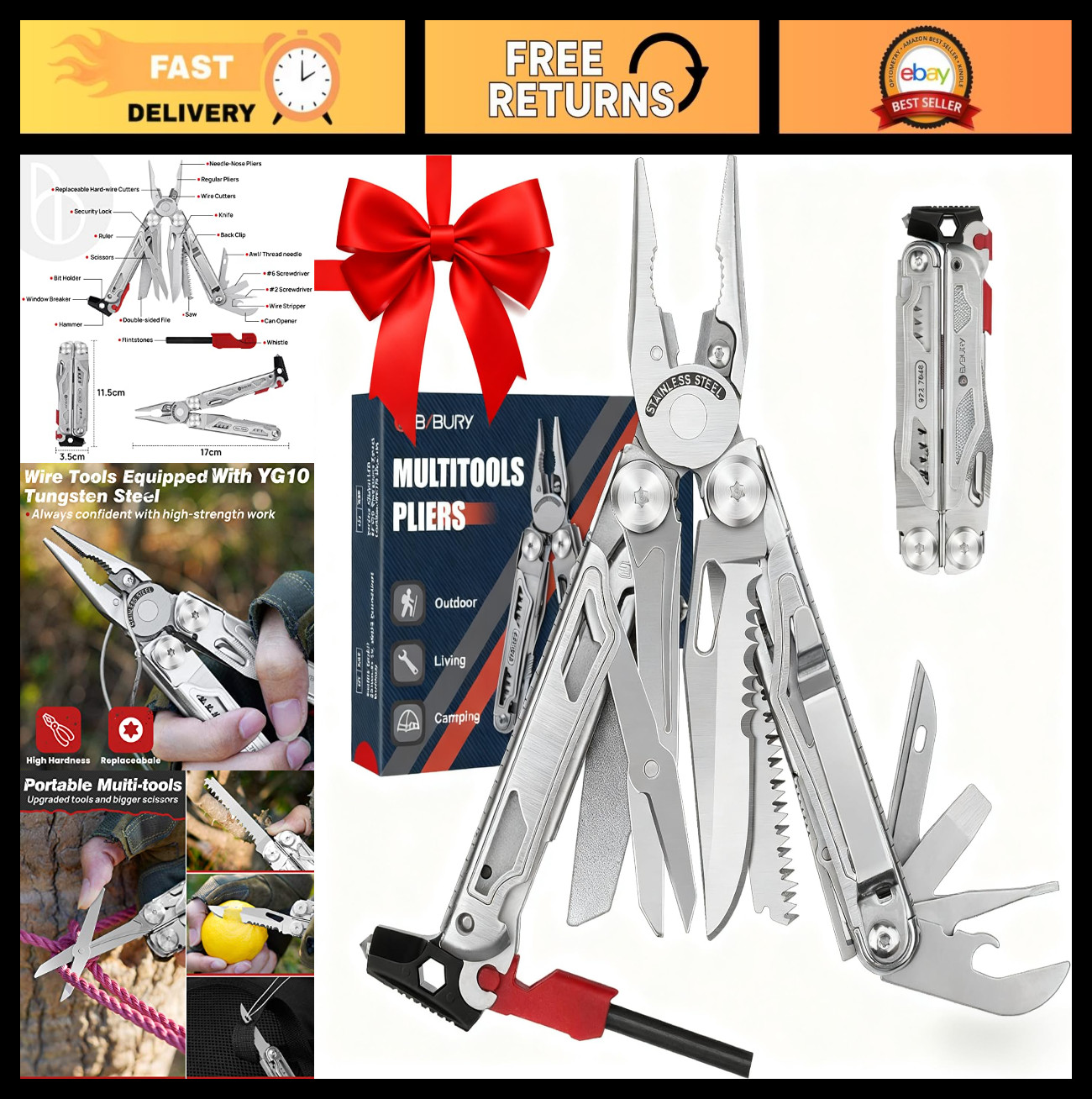22-in-1 Stainless Steel Multitool Pliers with Scissors, Flint, Window Breaker –
