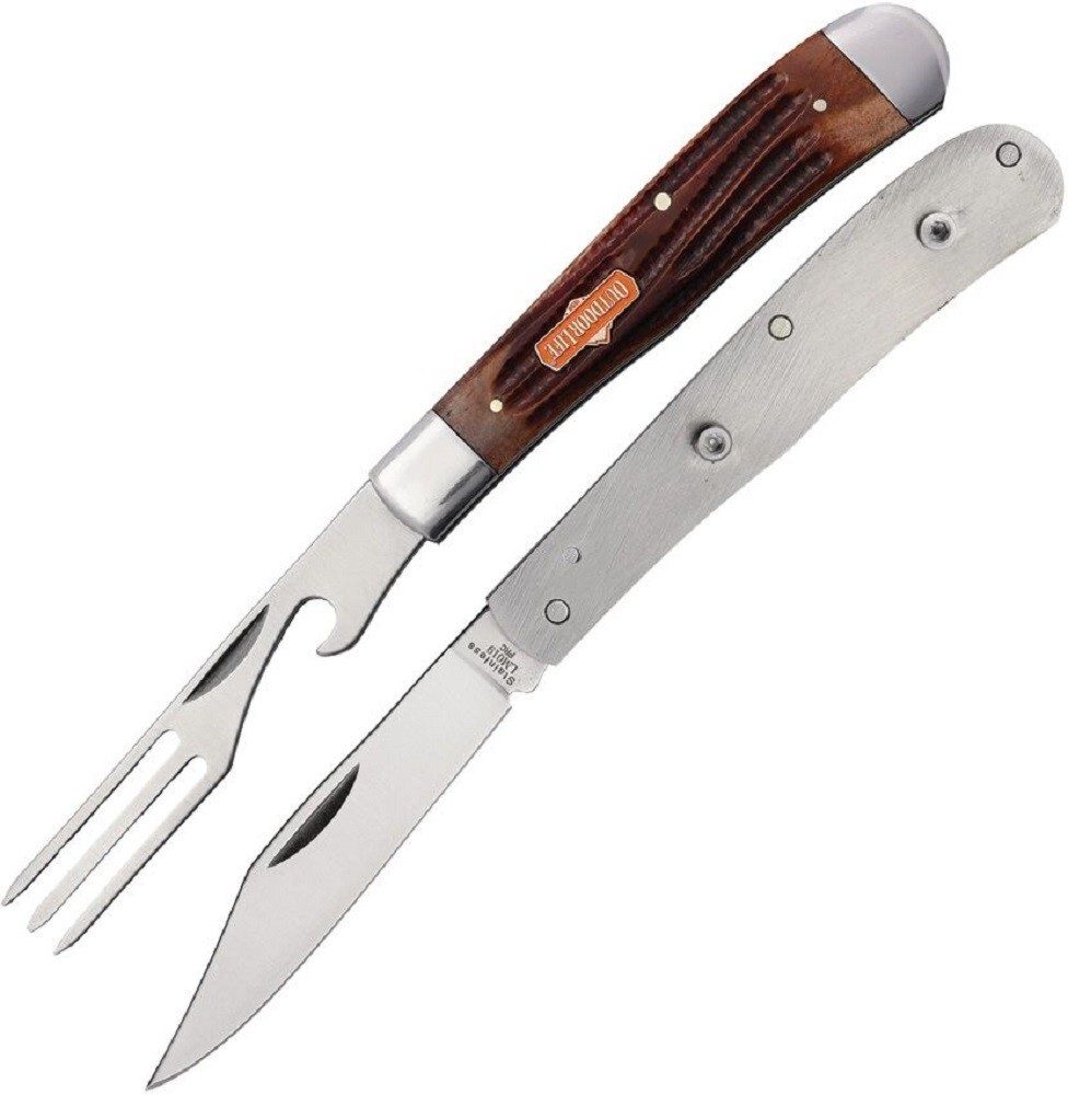Outdoor Life Brown Bone Hobo Pocket Knife & Fork Camp Dining Lunchbox Set