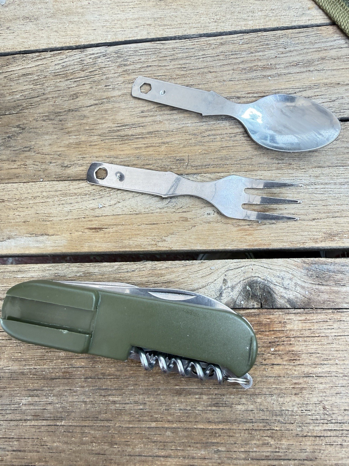 Lot of 2 Camping Utensil Multi-Tools Folding Spoon Fork Knife Corkscrew Hiking