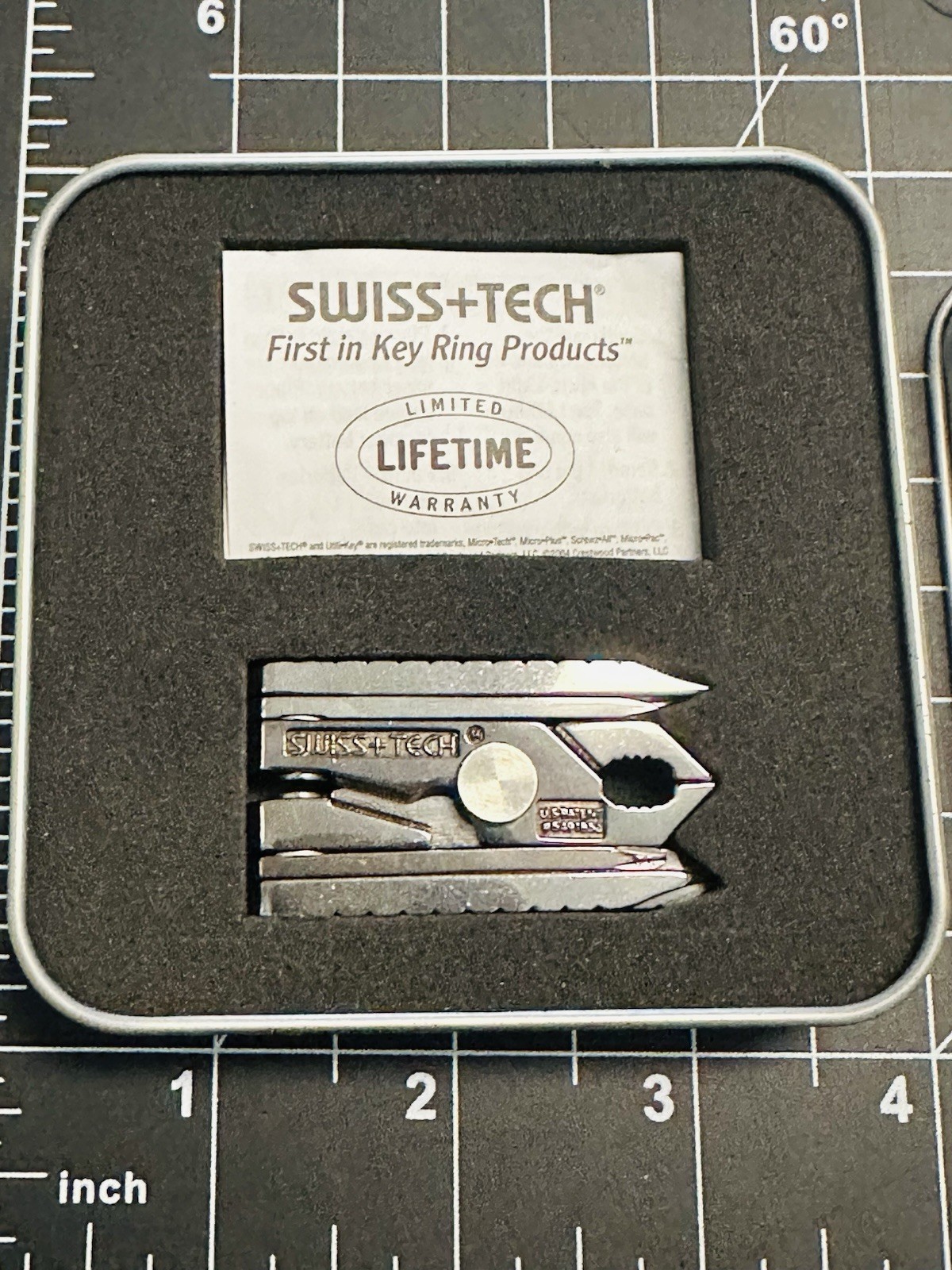 VINTAGE SWISS+TECH USA 2”x1” MICRO MULTI TOOL STEEL PLIERS SCREWDRIVER In Box
