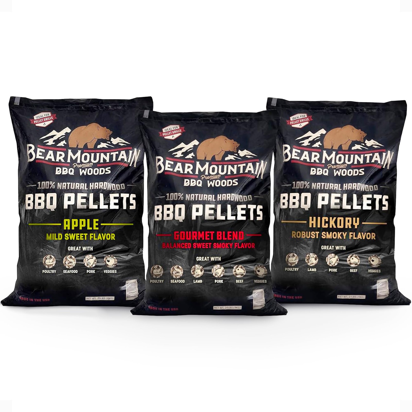Bear Mountain 3Pack Wood Pellets for Smoker, Grill & BBQ, 20 Lb, Apple, Hicko…