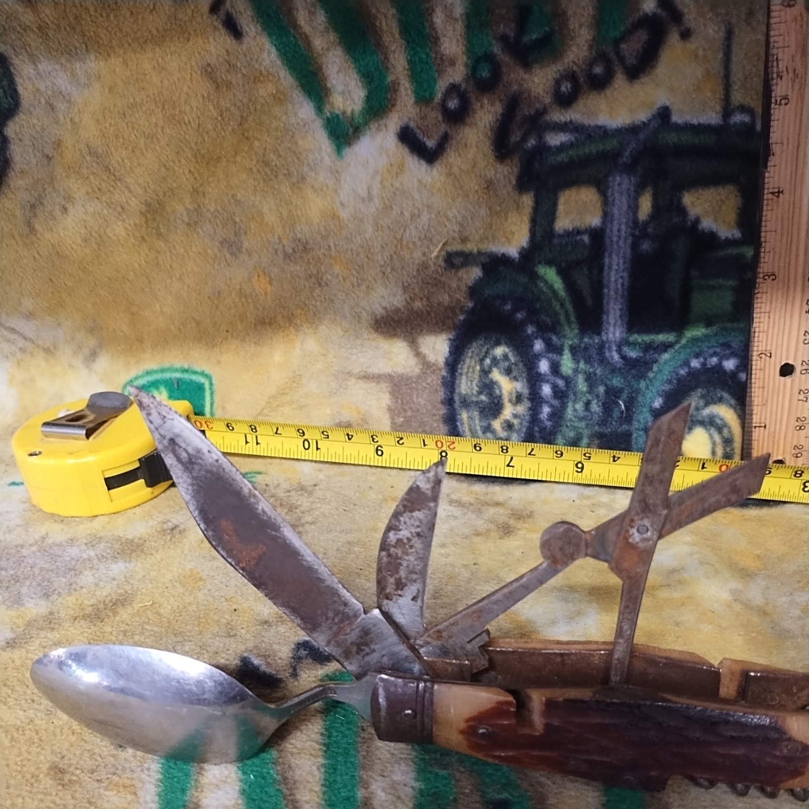 Camping Multi-Tool Knife Fork Spoon Saw Scissors Stainless Steel Wood 9 Tools