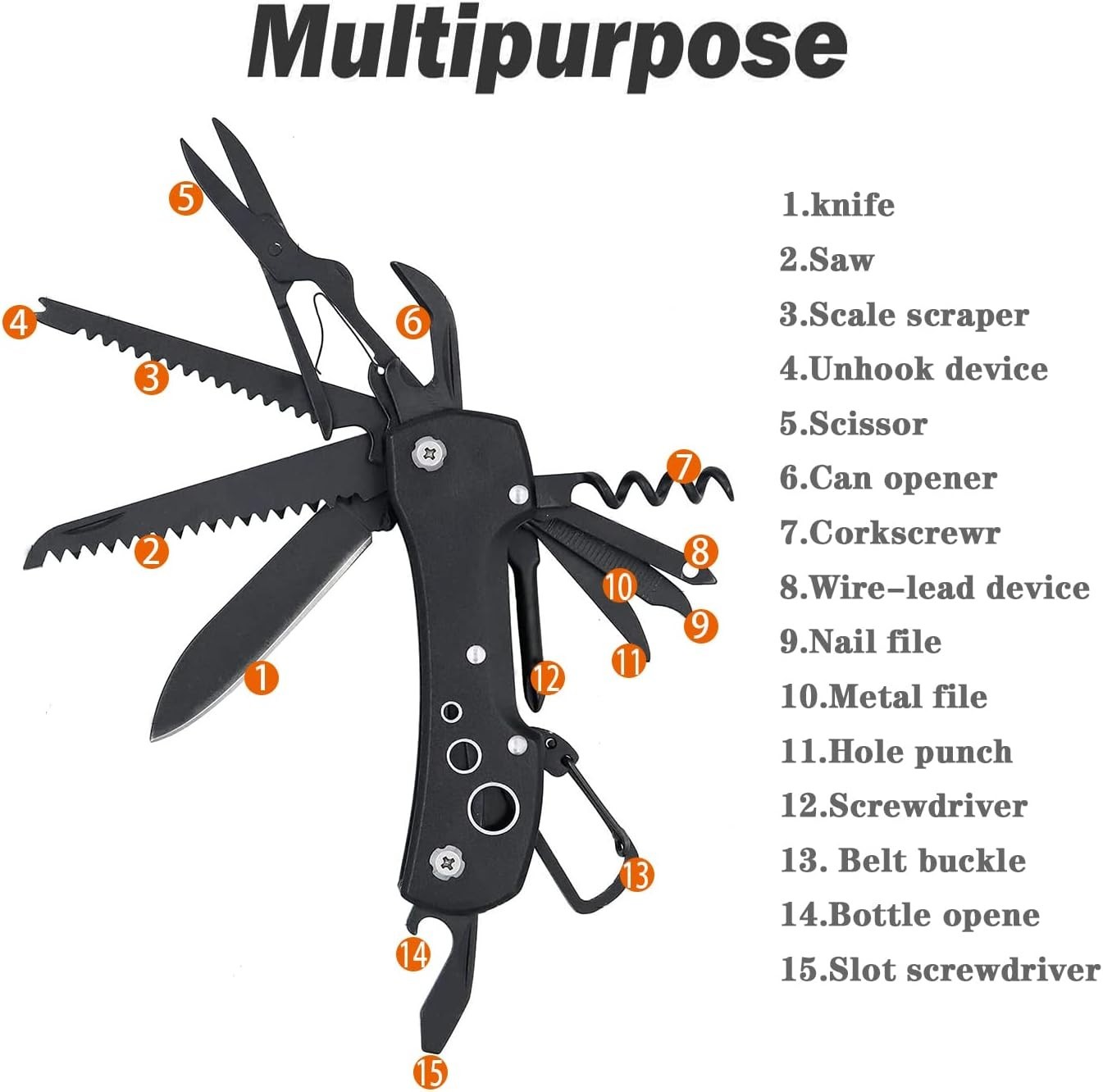 Swiss 15-in-1 Multi-Tool Pocket Knife, Compact Black Stainless Steel