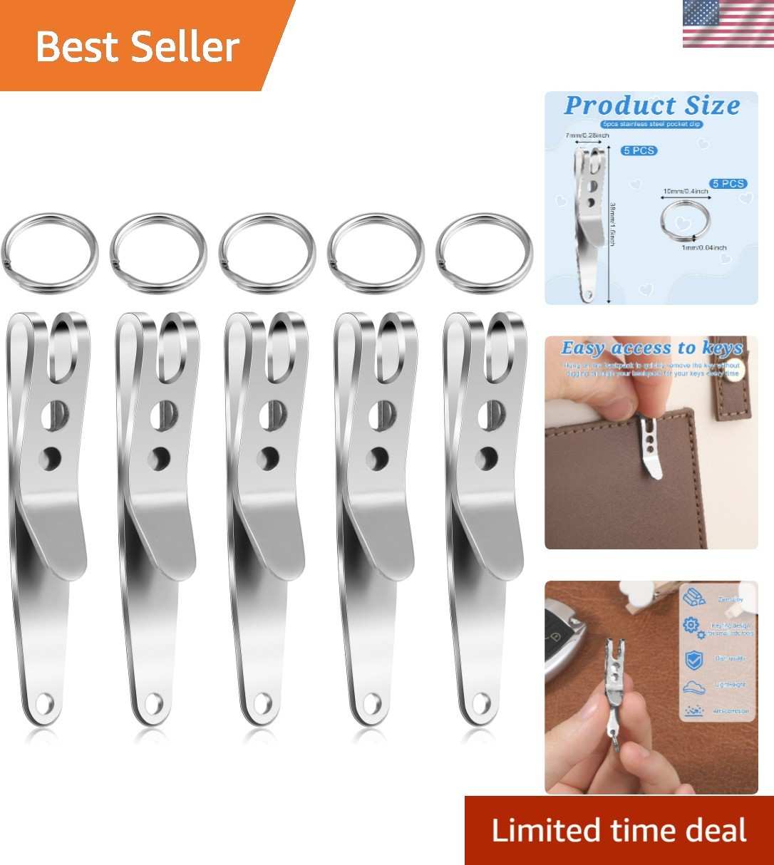 5 Pack Deep Carry Pocket Clip with Keychain, Heavy Duty Stainless Steel Multi…