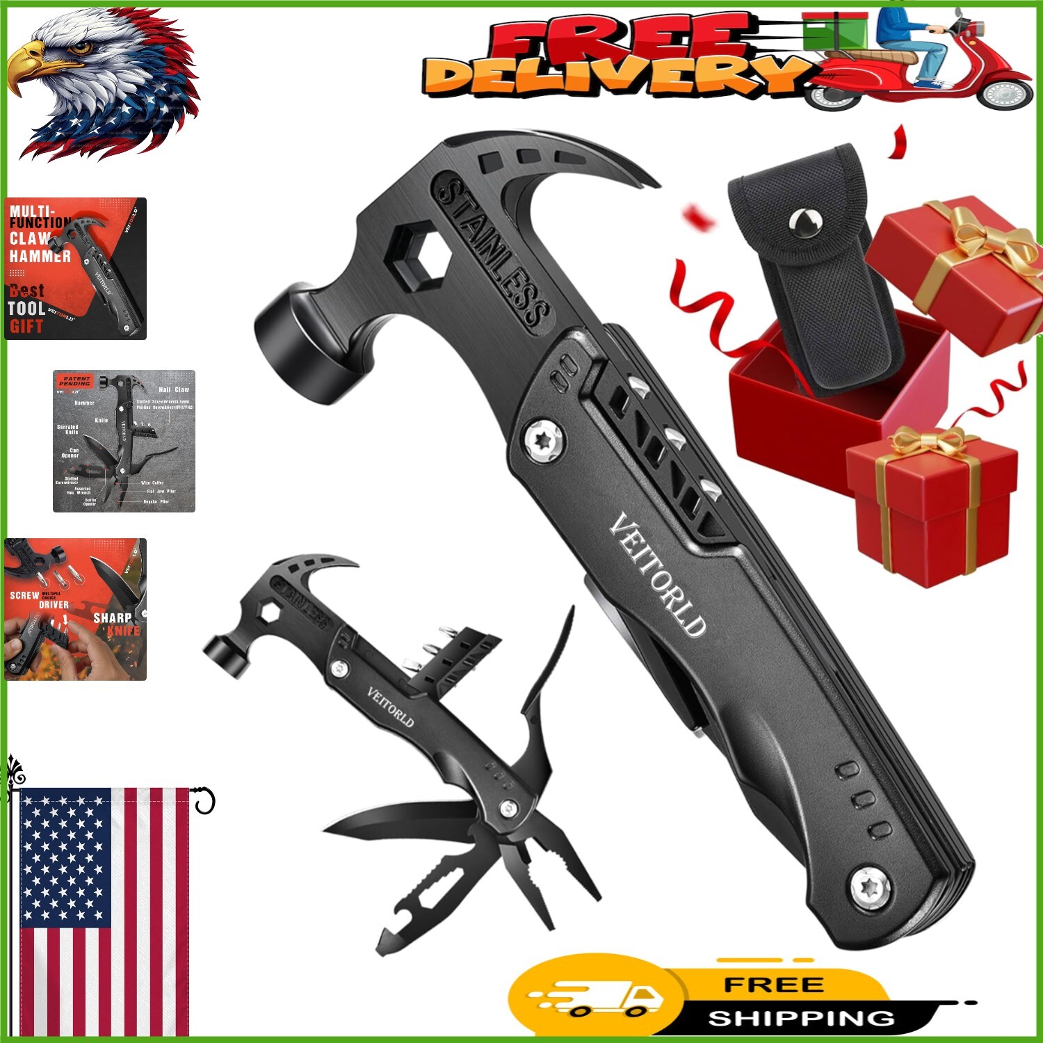 14-in-1 Stainless Steel Multitool Hammer – Unique Valentine’s Day Gift for Him