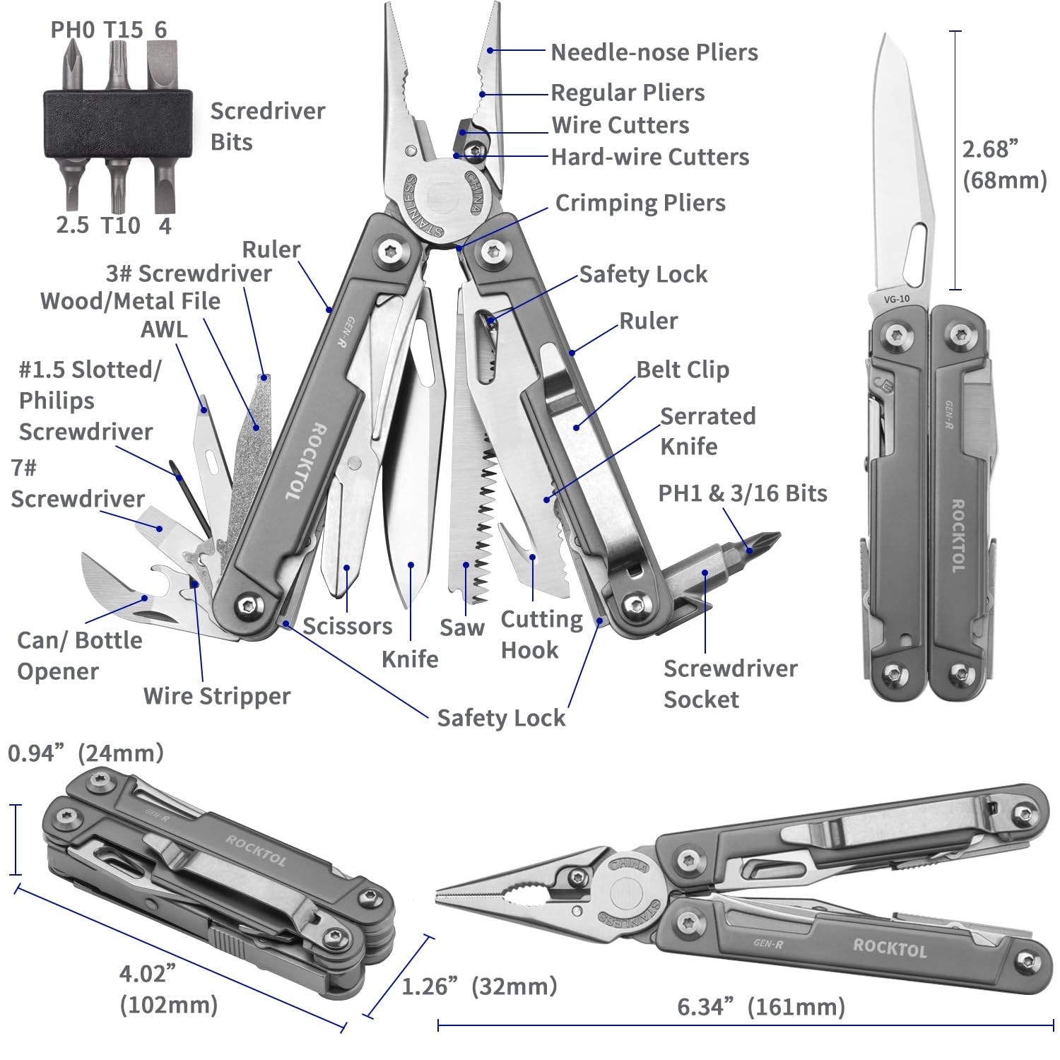 Multitool Pliers, EDC Multitool Pocket Knife VG10 Blade, 27-in-1 Multi-tool w…
